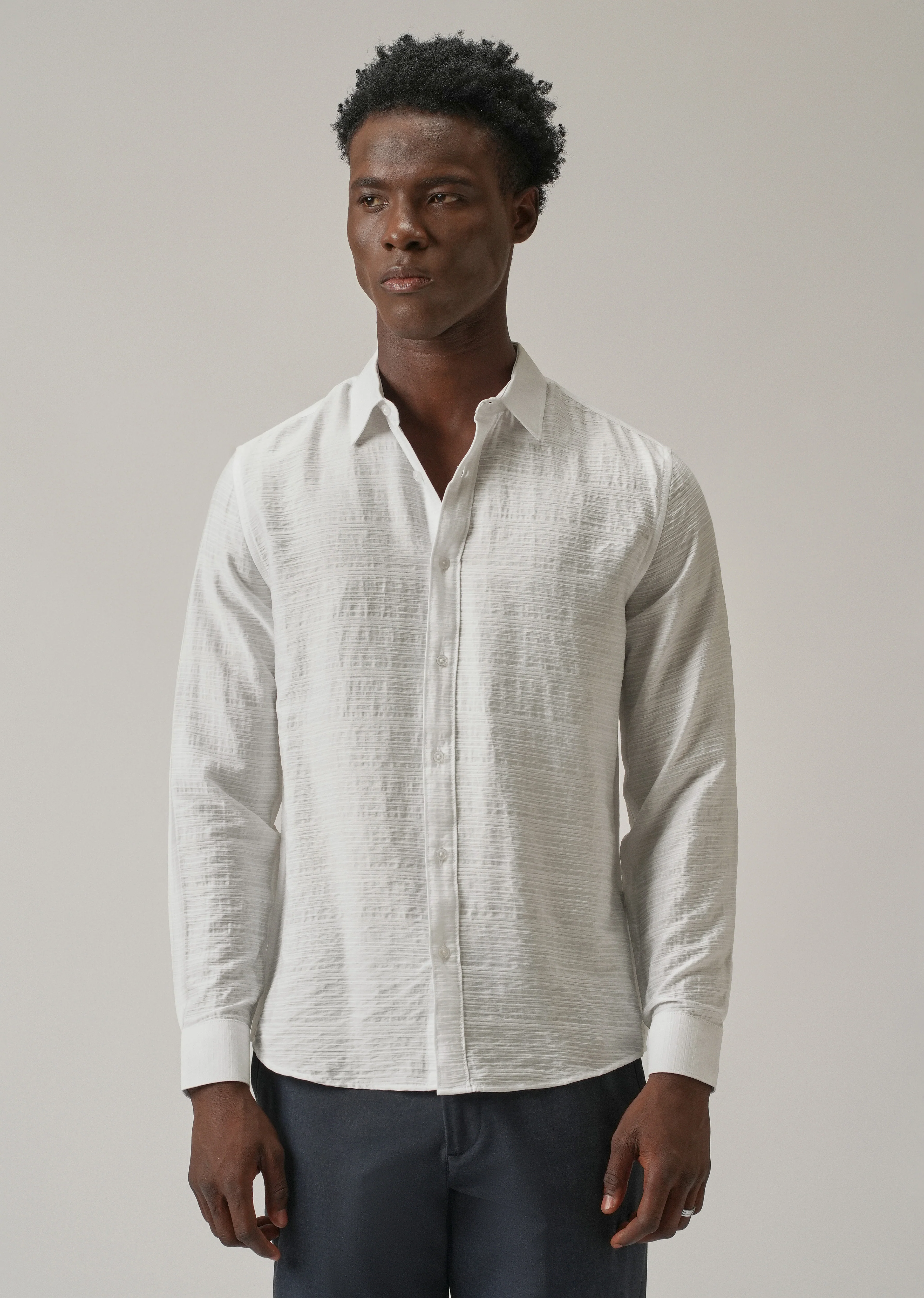 White Crushed Self Stripe Shirt - Image 3
