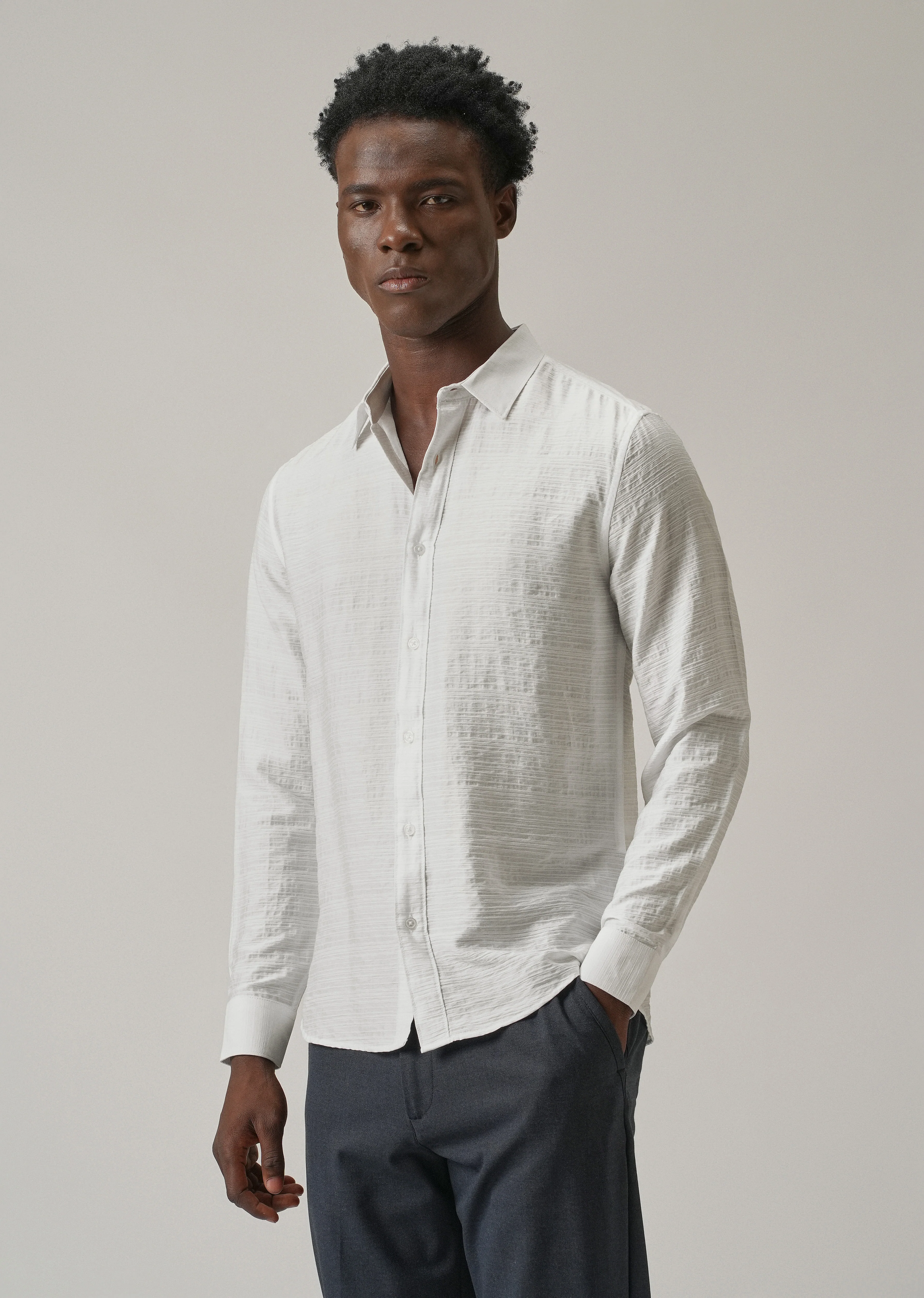 White Crushed Self Stripe Shirt - Image 4