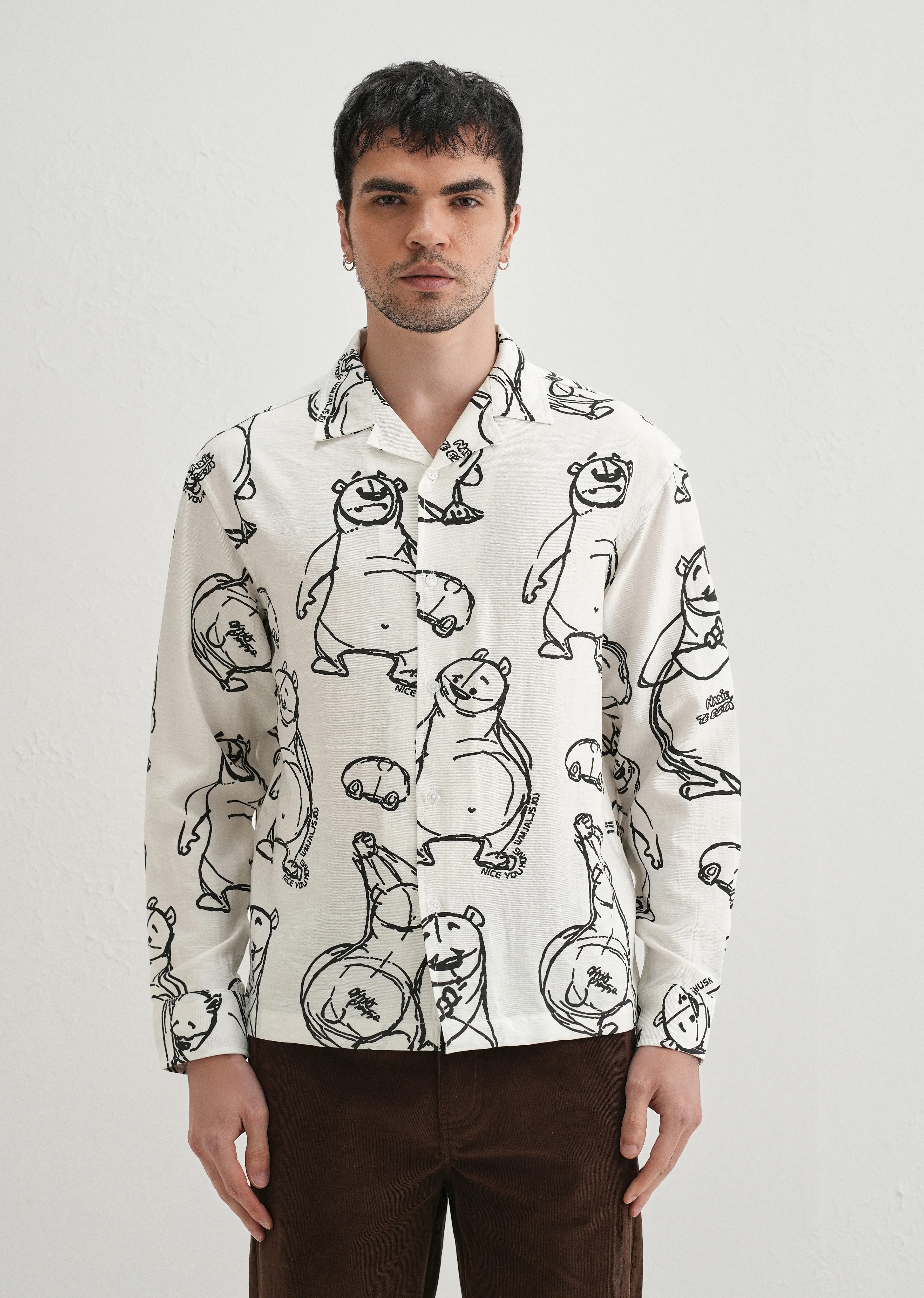 White Doodle Bear Printed Shirt - Image 3