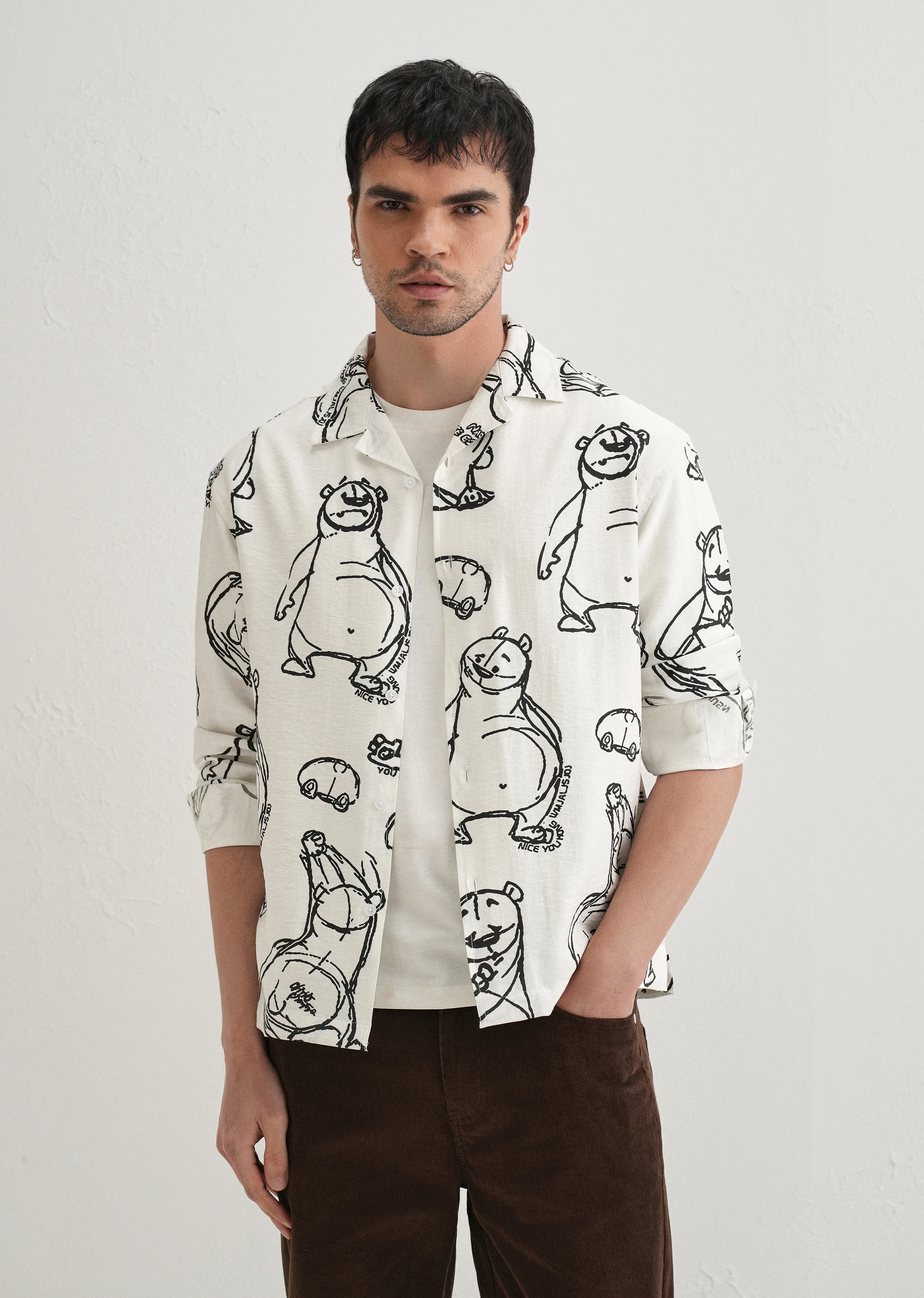 White Doodle Bear Printed Shirt - Image 7