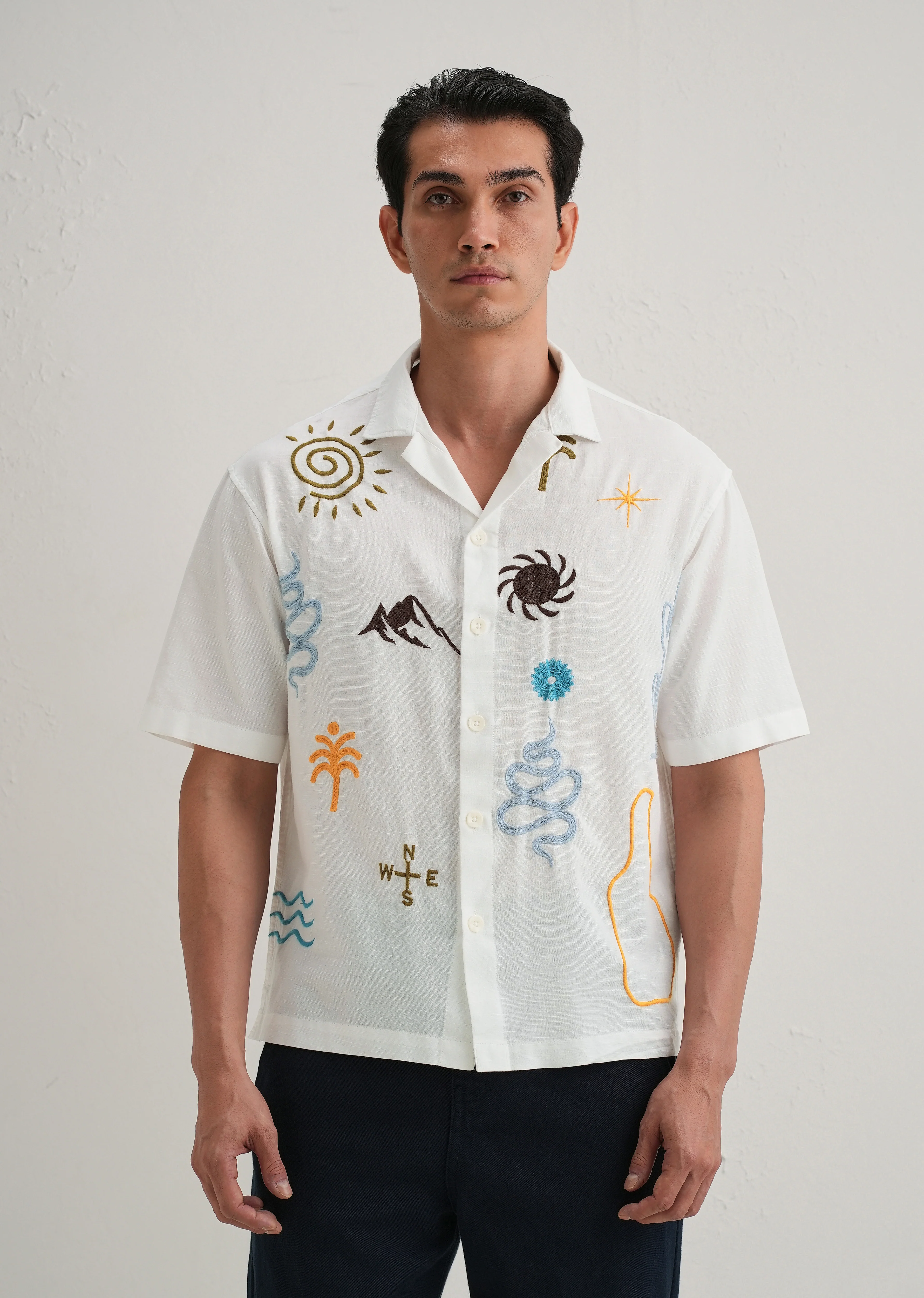 White Doodle Embroidery Cotton Linen Shirt - Image 4