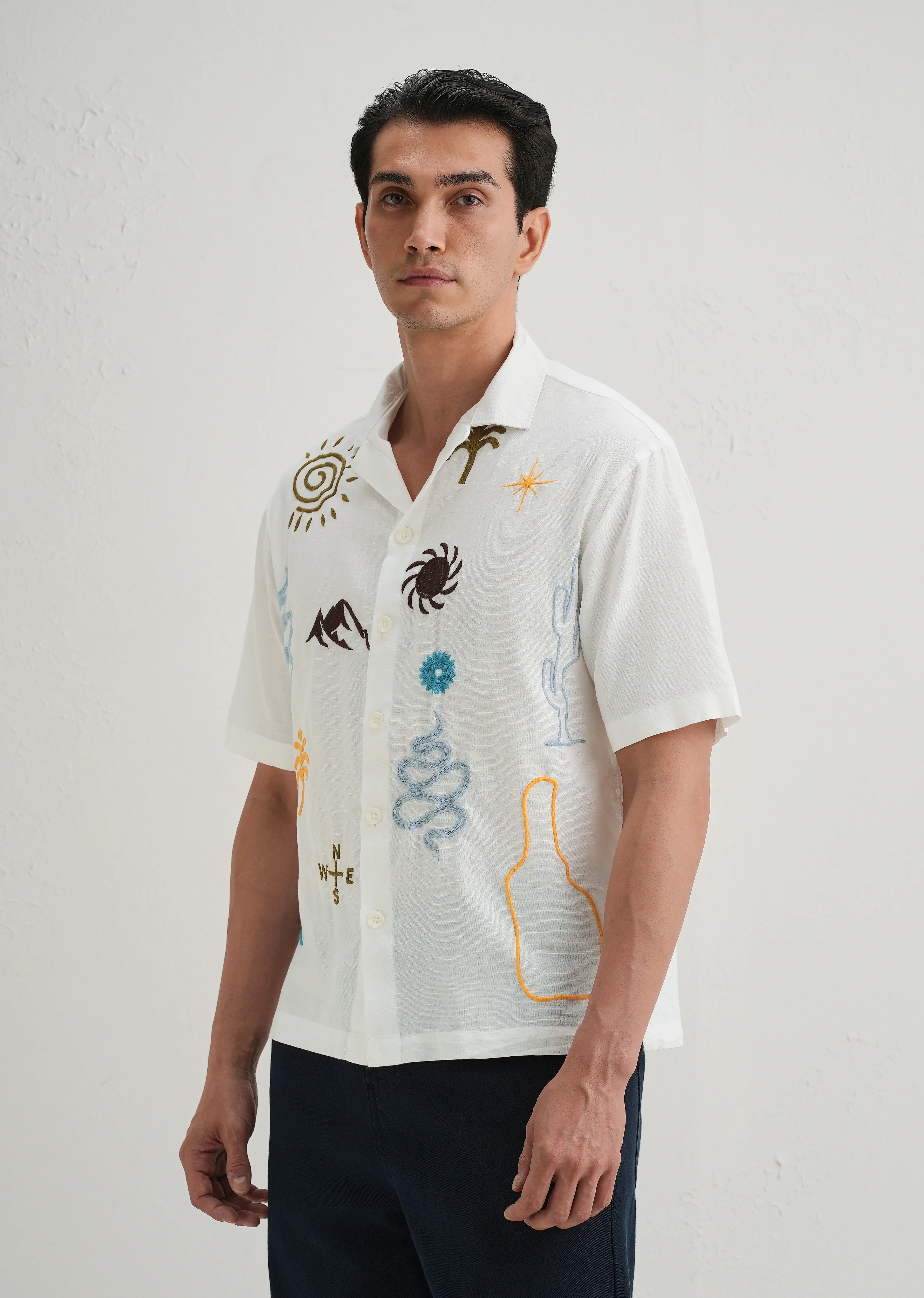 White Doodle Embroidery Cotton Linen Shirt - Image 5