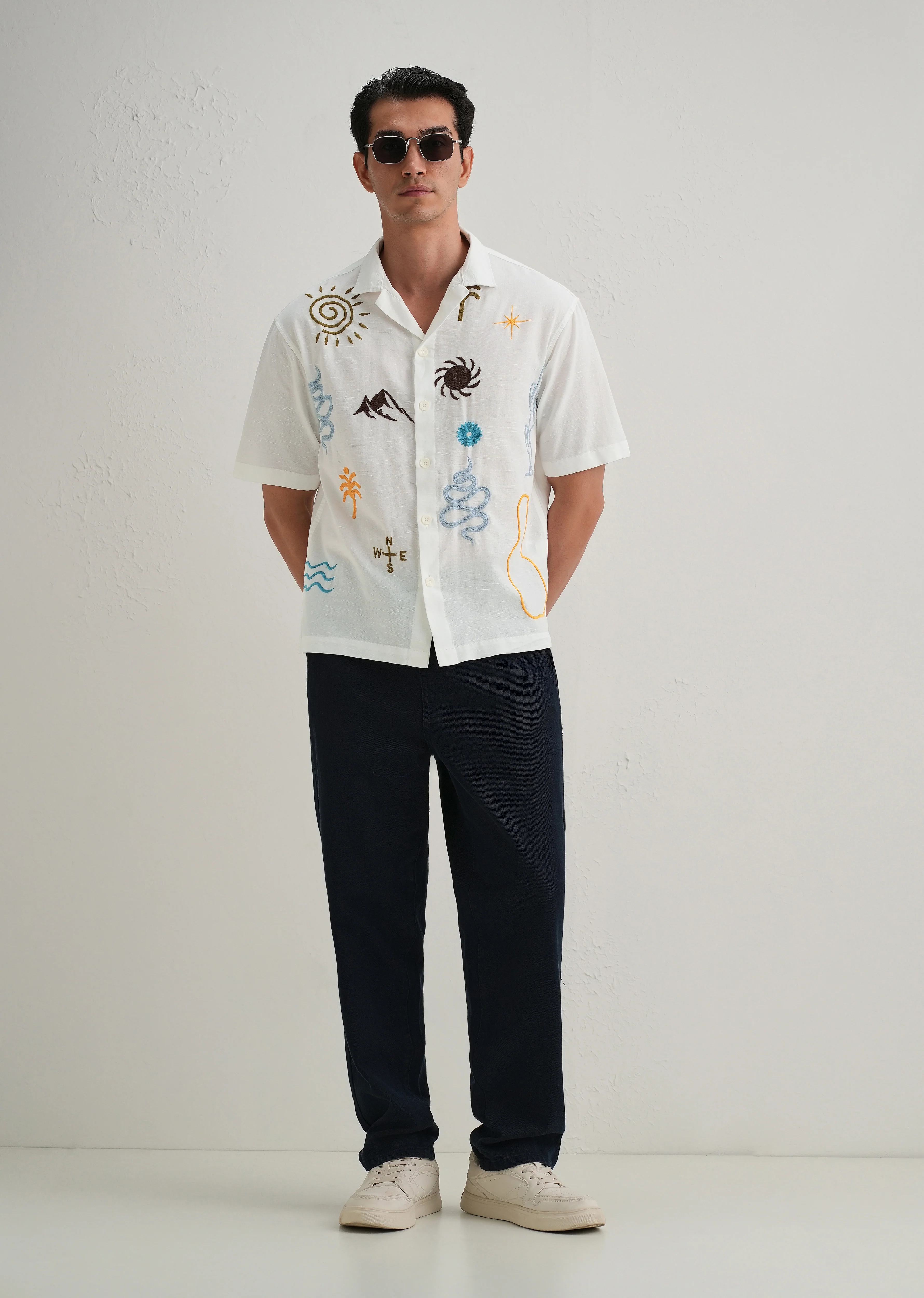 White Doodle Embroidery Cotton Linen Shirt - Image 7