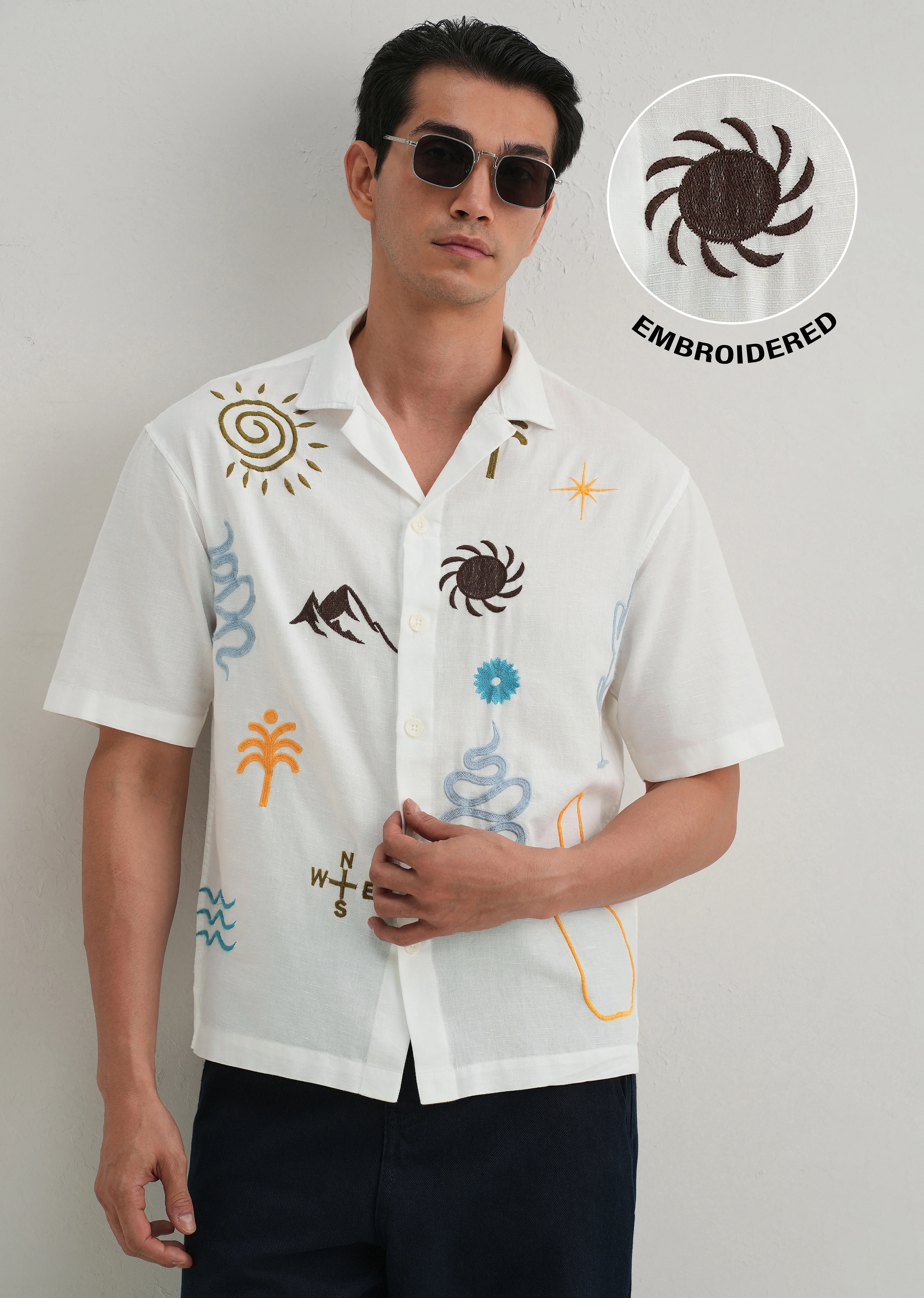 White Doodle Embroidery Cotton Linen Shirt - Image 8