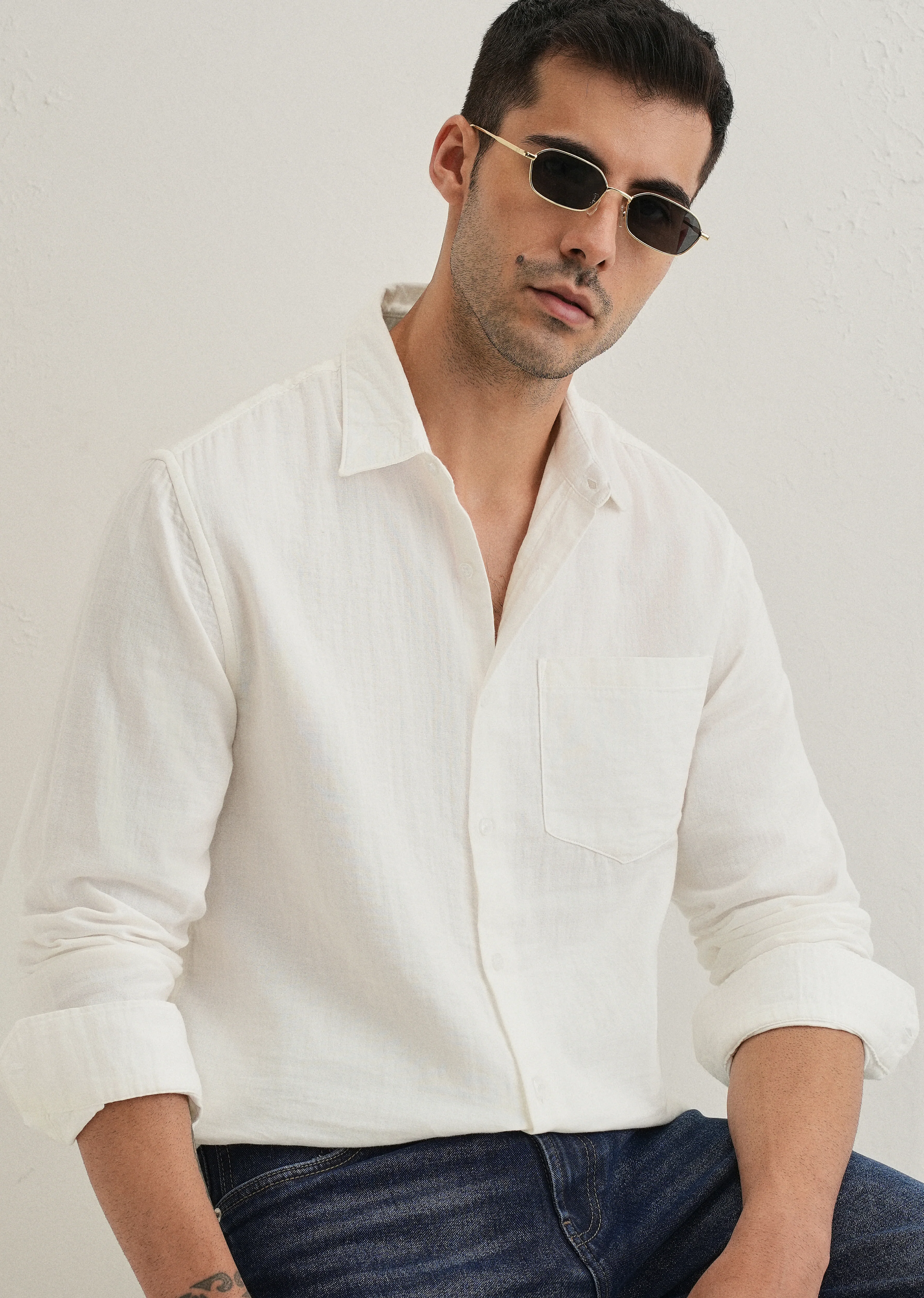 White Double Cloth Cotton Shirt - Image 7