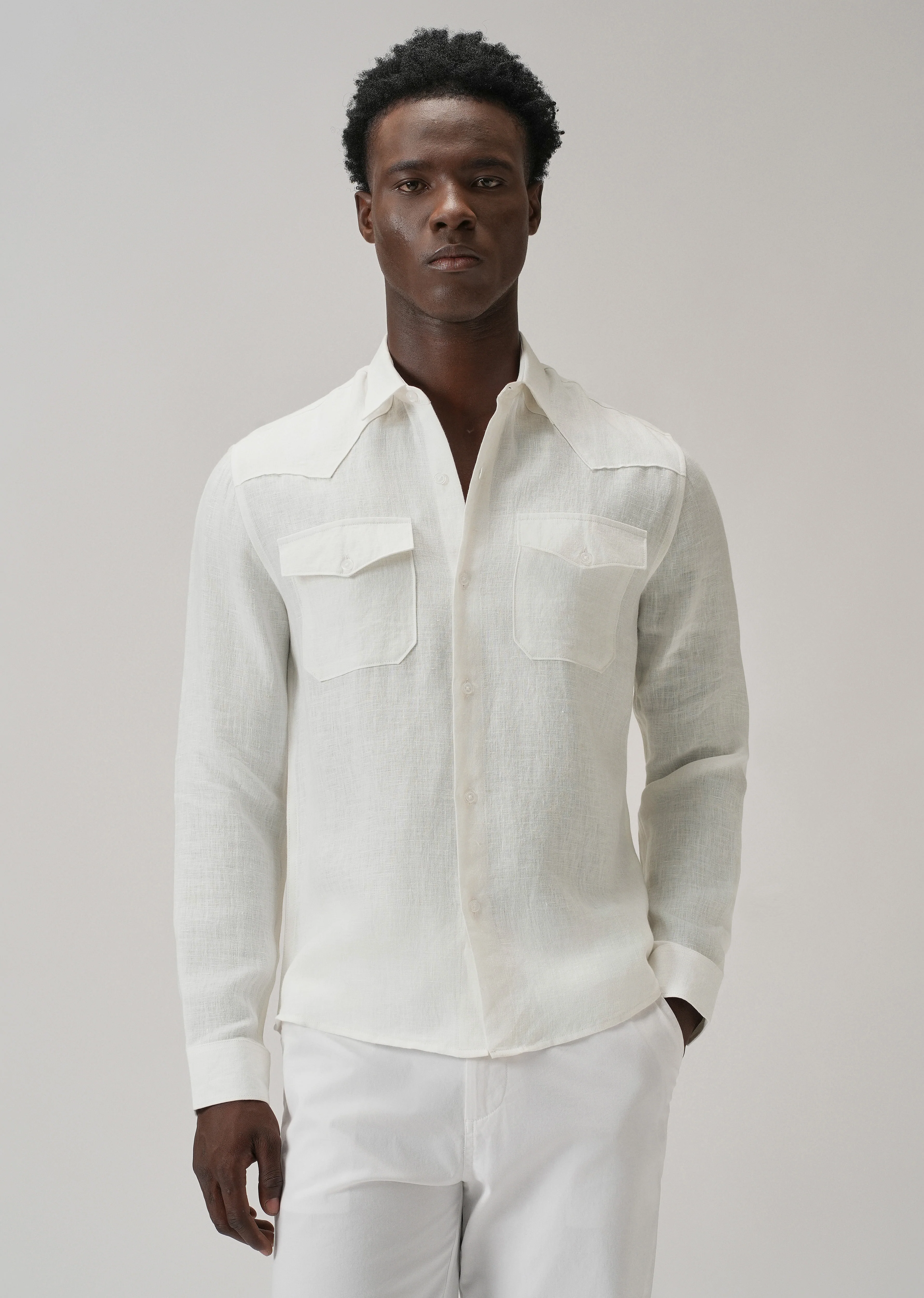 White Double Pocket 100% Pure Irish Linen Shirt - Image 4