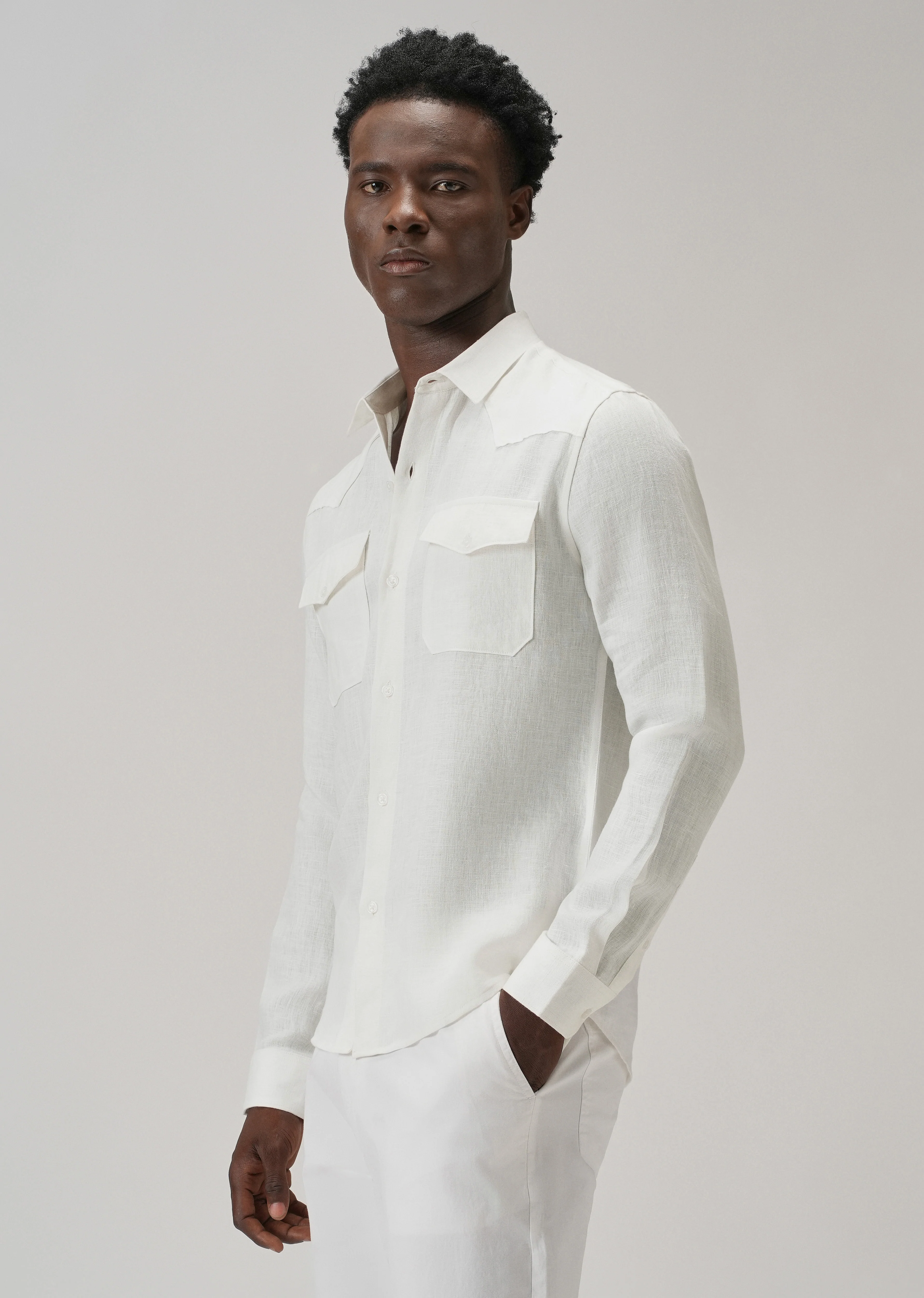 White Double Pocket 100% Pure Irish Linen Shirt - Image 5