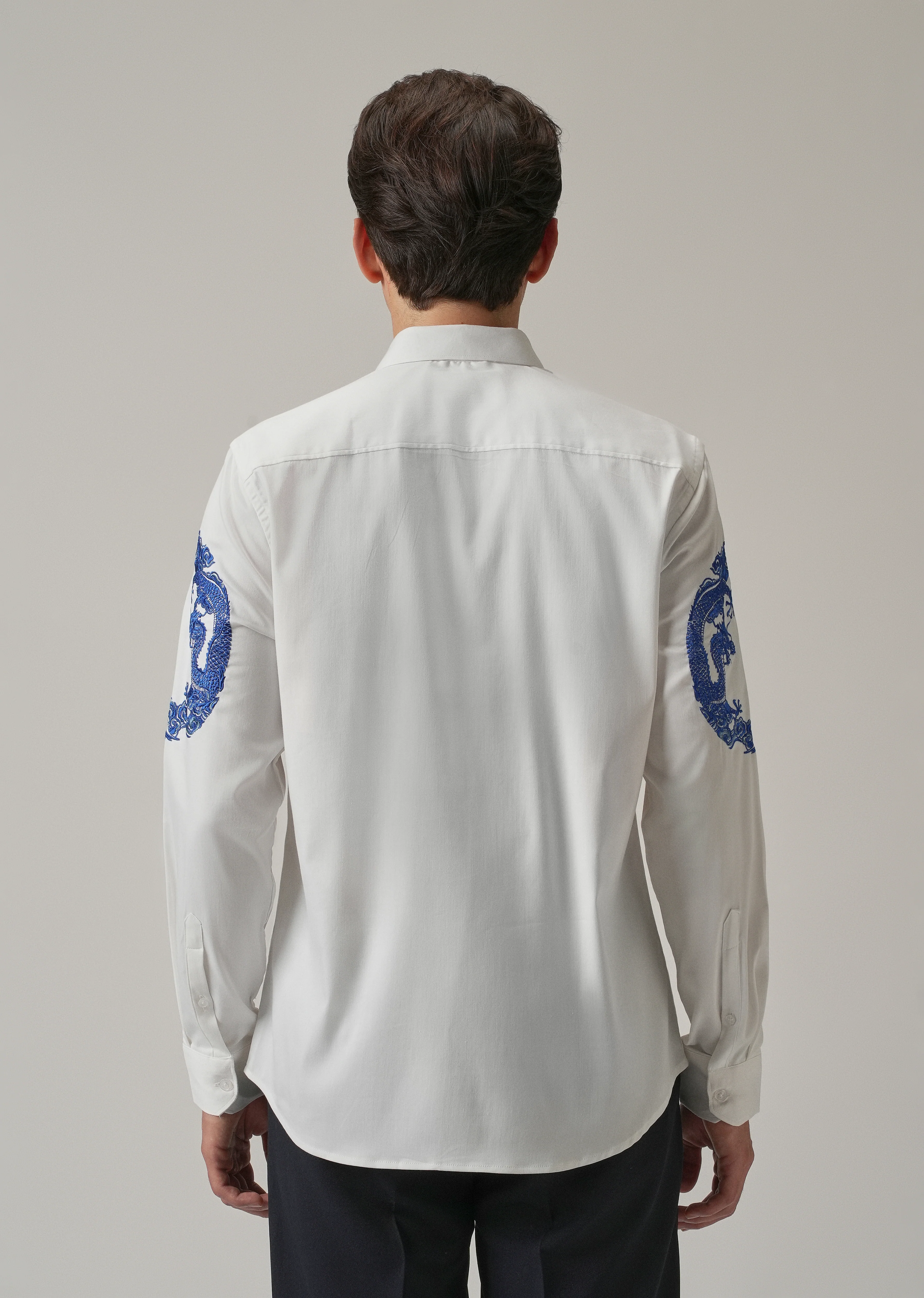 White Dragon and Phoenix Embroidery Designer Shirt - Image 2