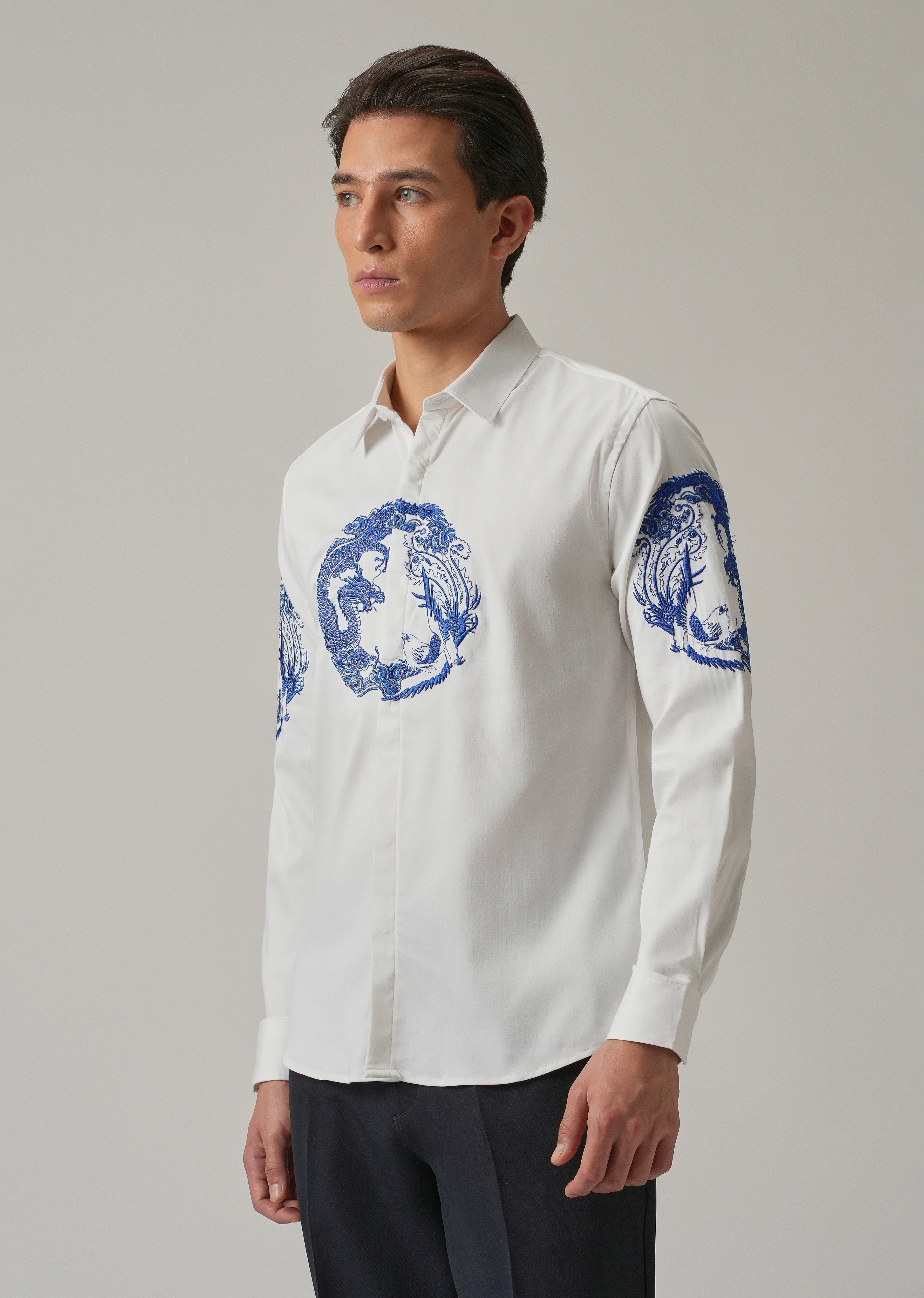 White Dragon and Phoenix Embroidery Designer Shirt - Image 4
