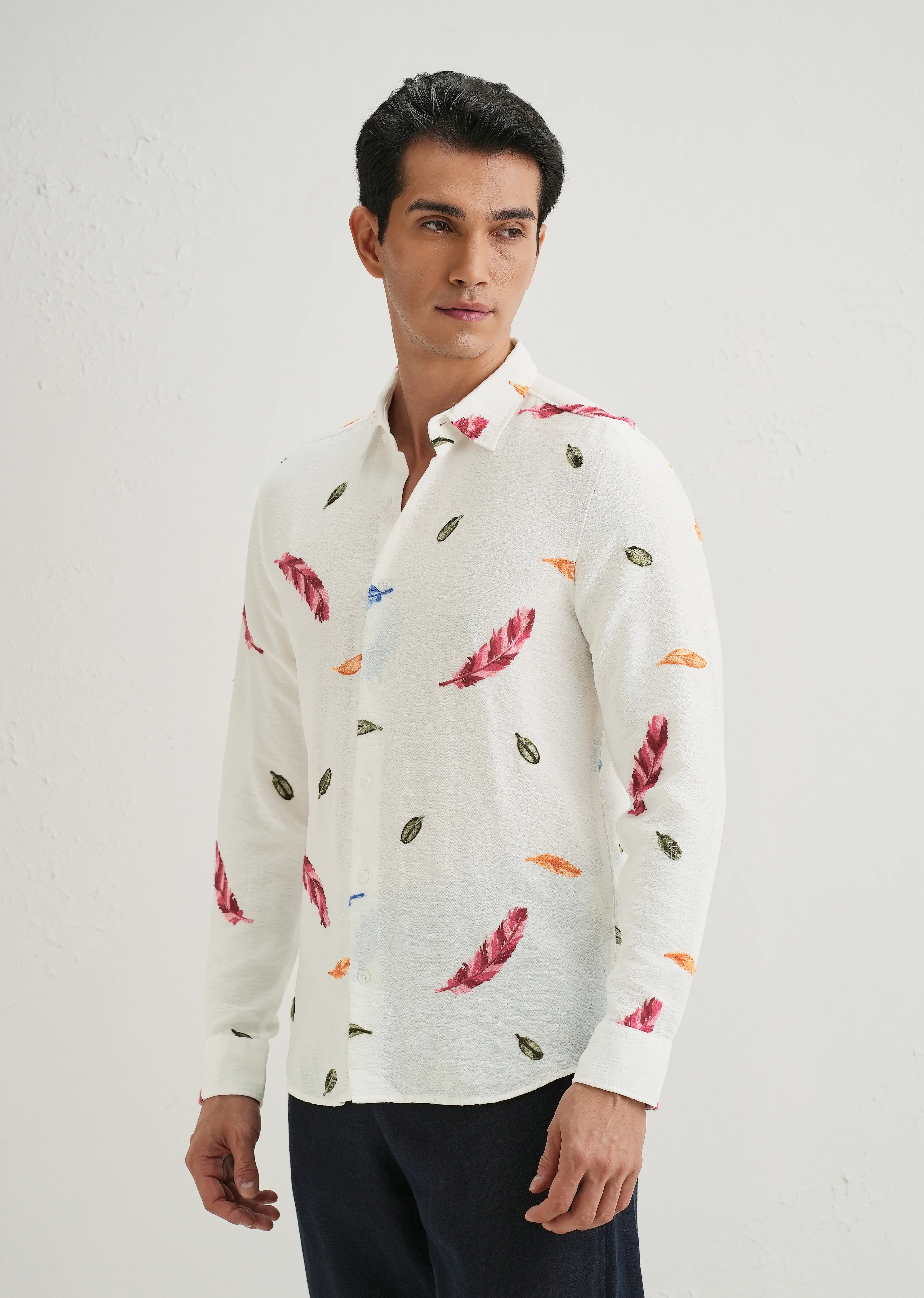 White Feather Leaf Embroidery Shirt - Image 4