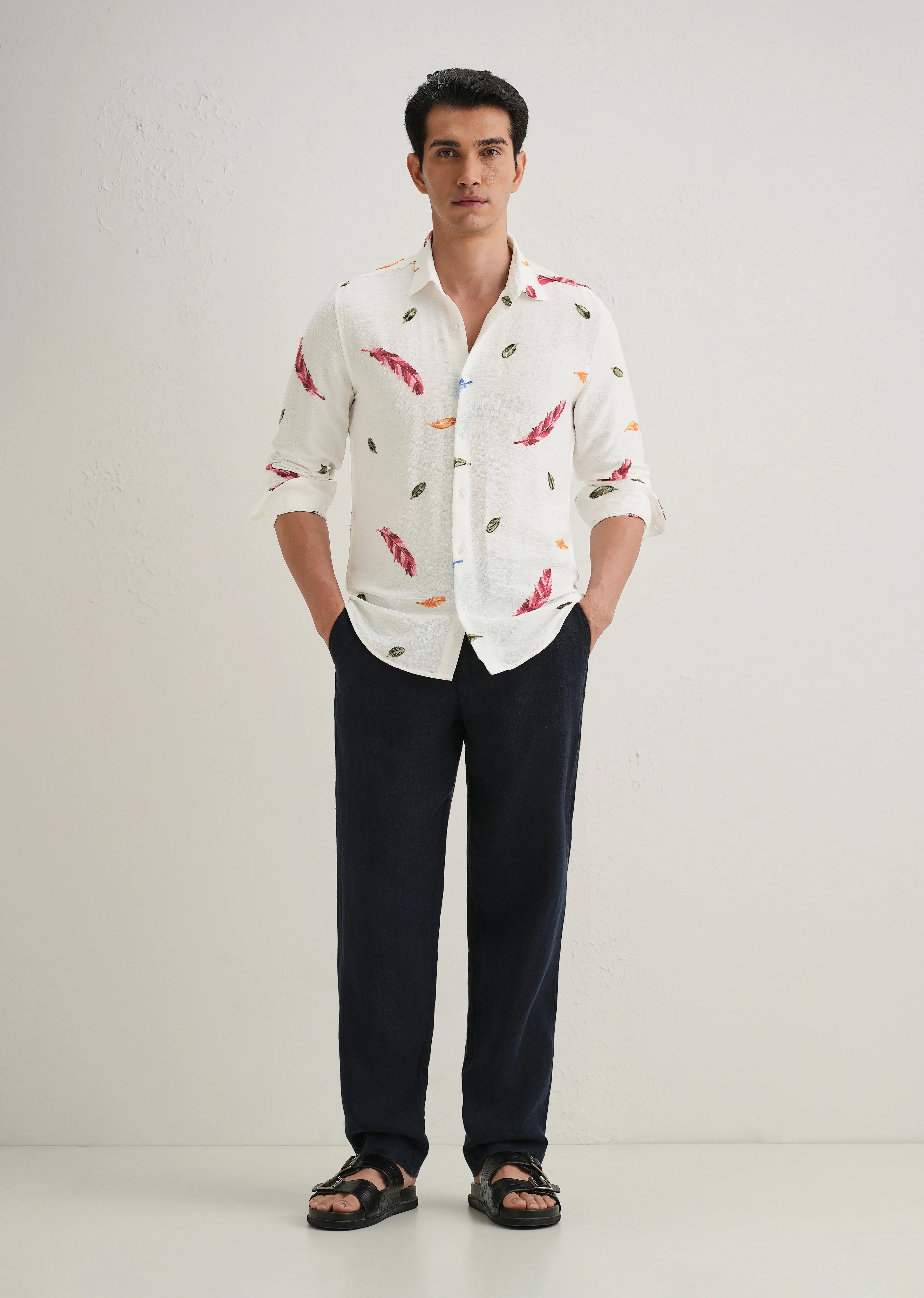 White Feather Leaf Embroidery Shirt - Image 6