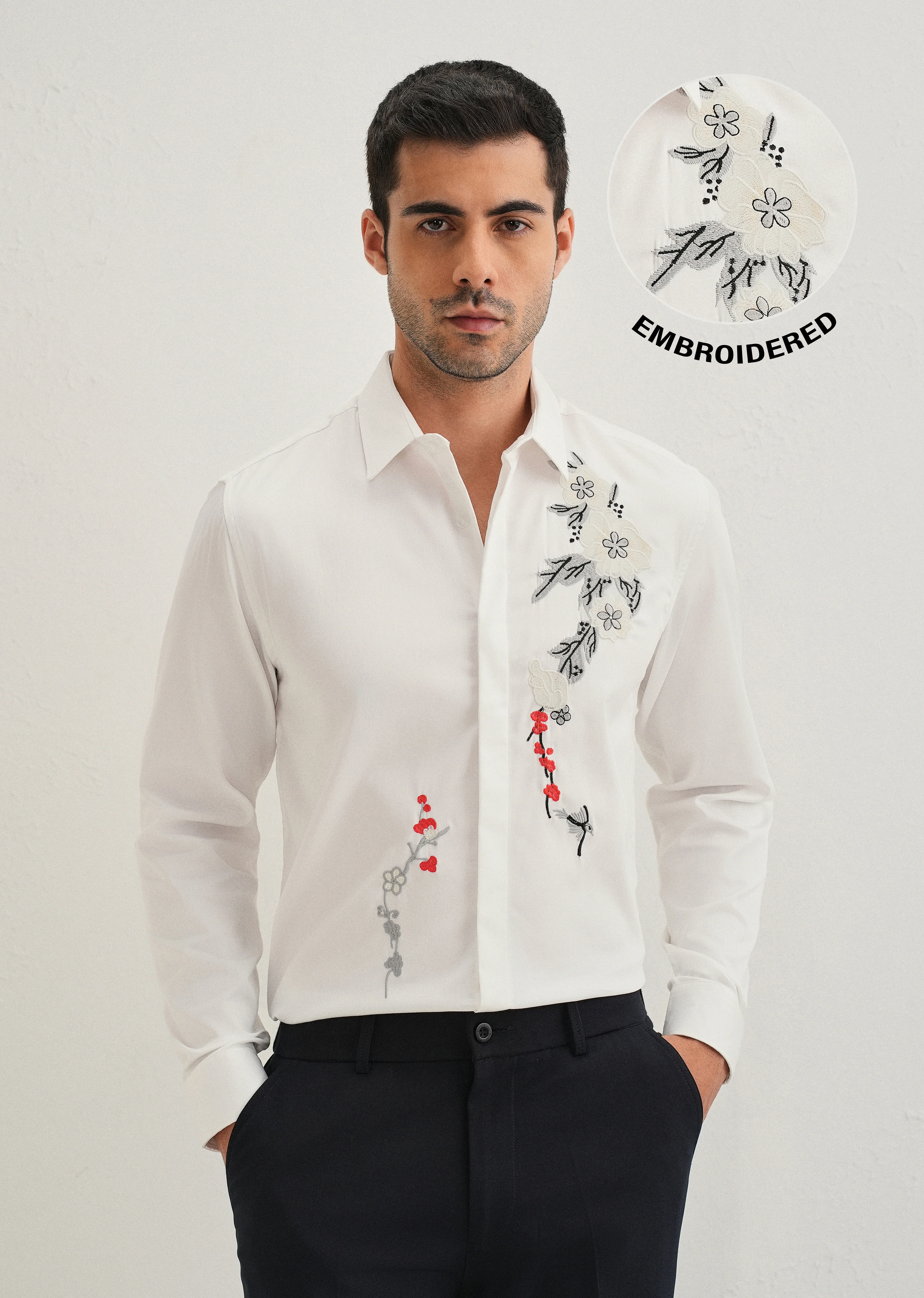 White Floral Embroidered Designer Shirt - Image 7