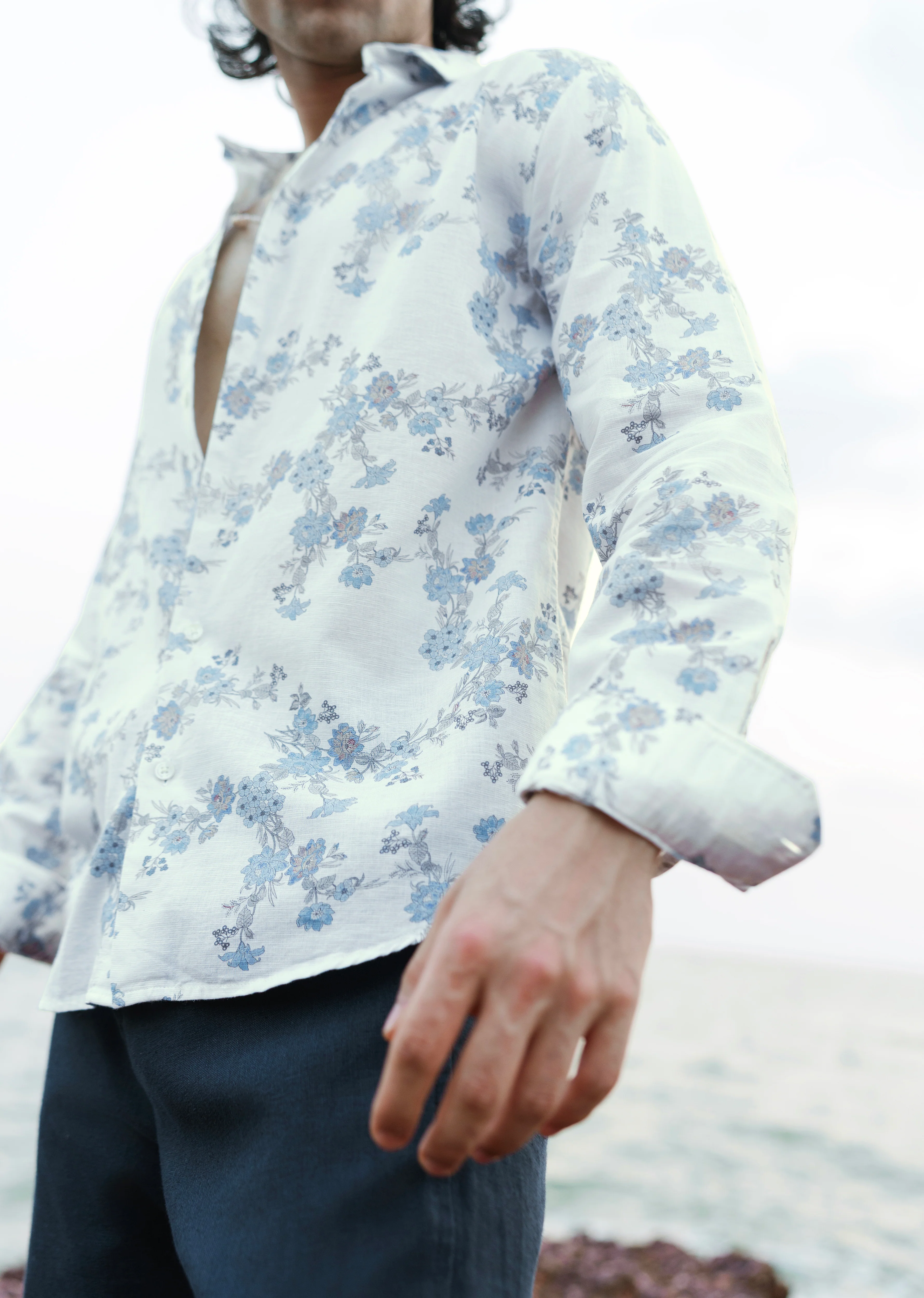 White Floral Print Cotton Linen Shirt - Image 4