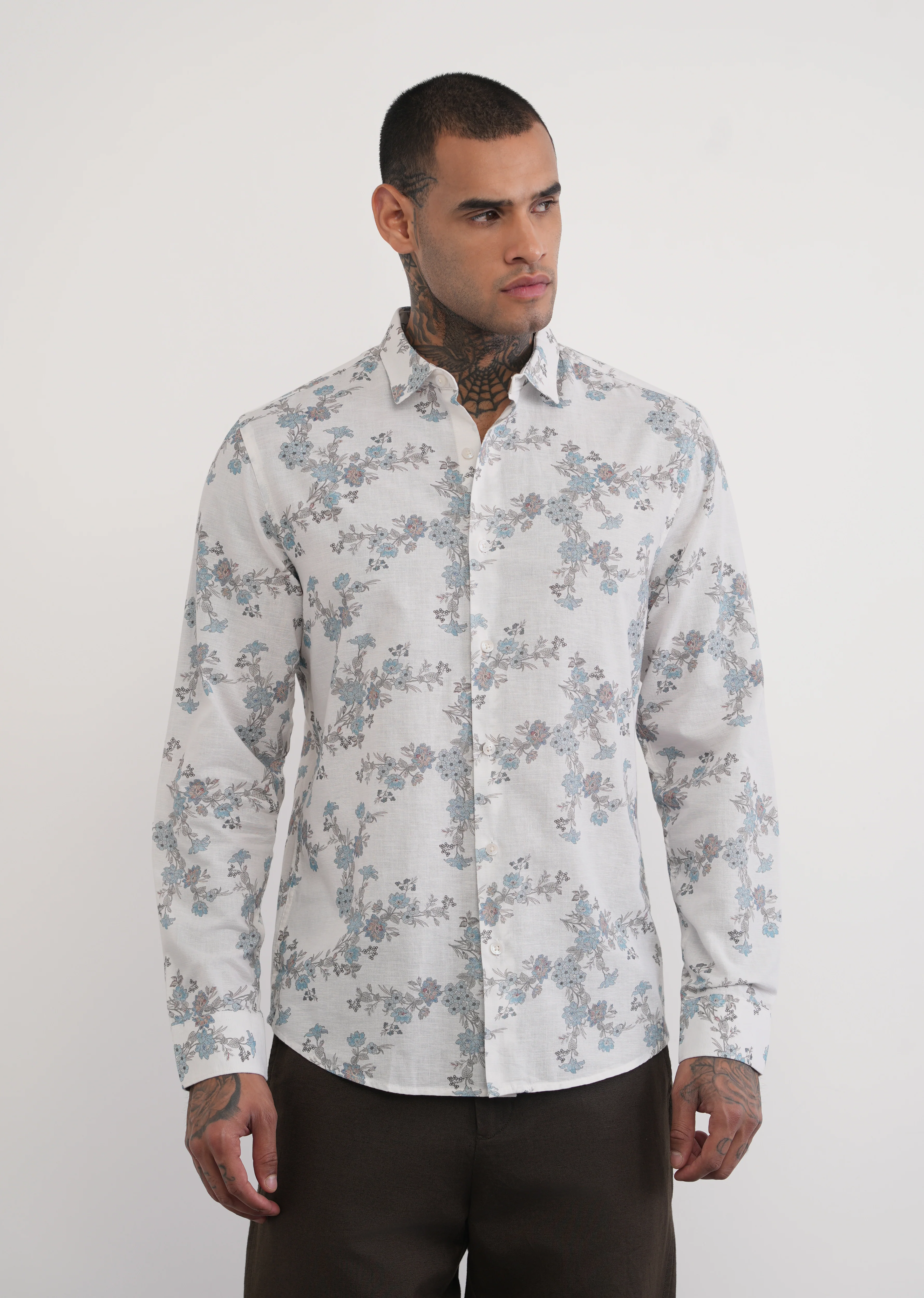 White Floral Print Cotton Linen Shirt - Image 5
