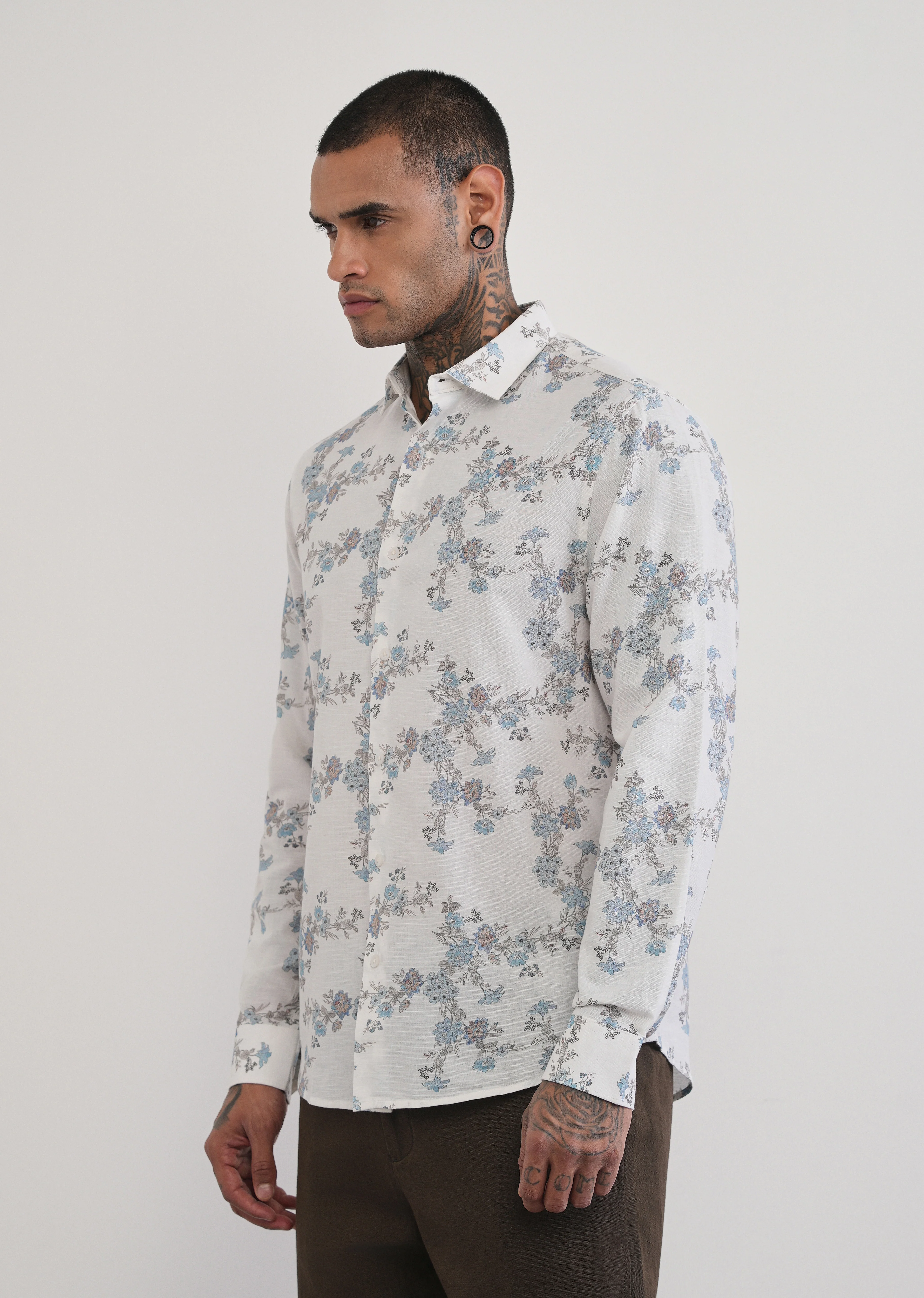 White Floral Print Cotton Linen Shirt - Image 6