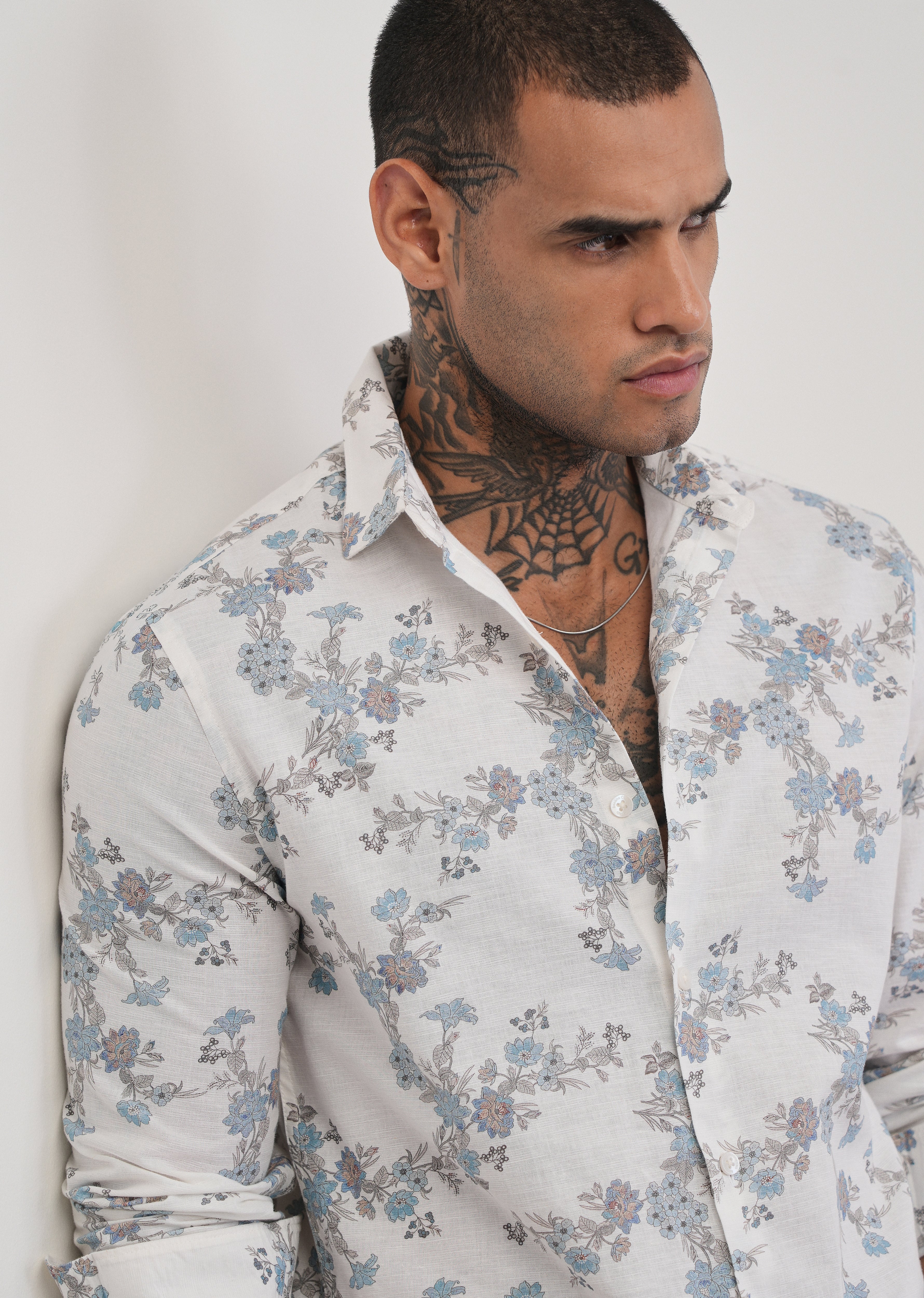 White Floral Print Cotton Linen Shirt - Image 7
