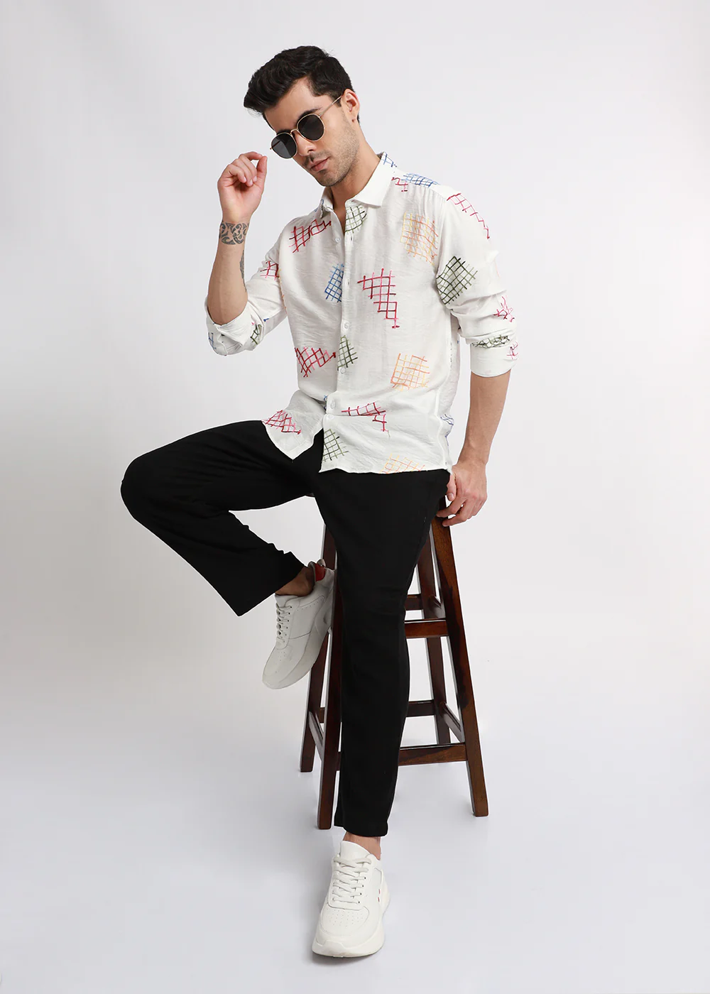 White Geometric Embroidered Shirt - Image 6
