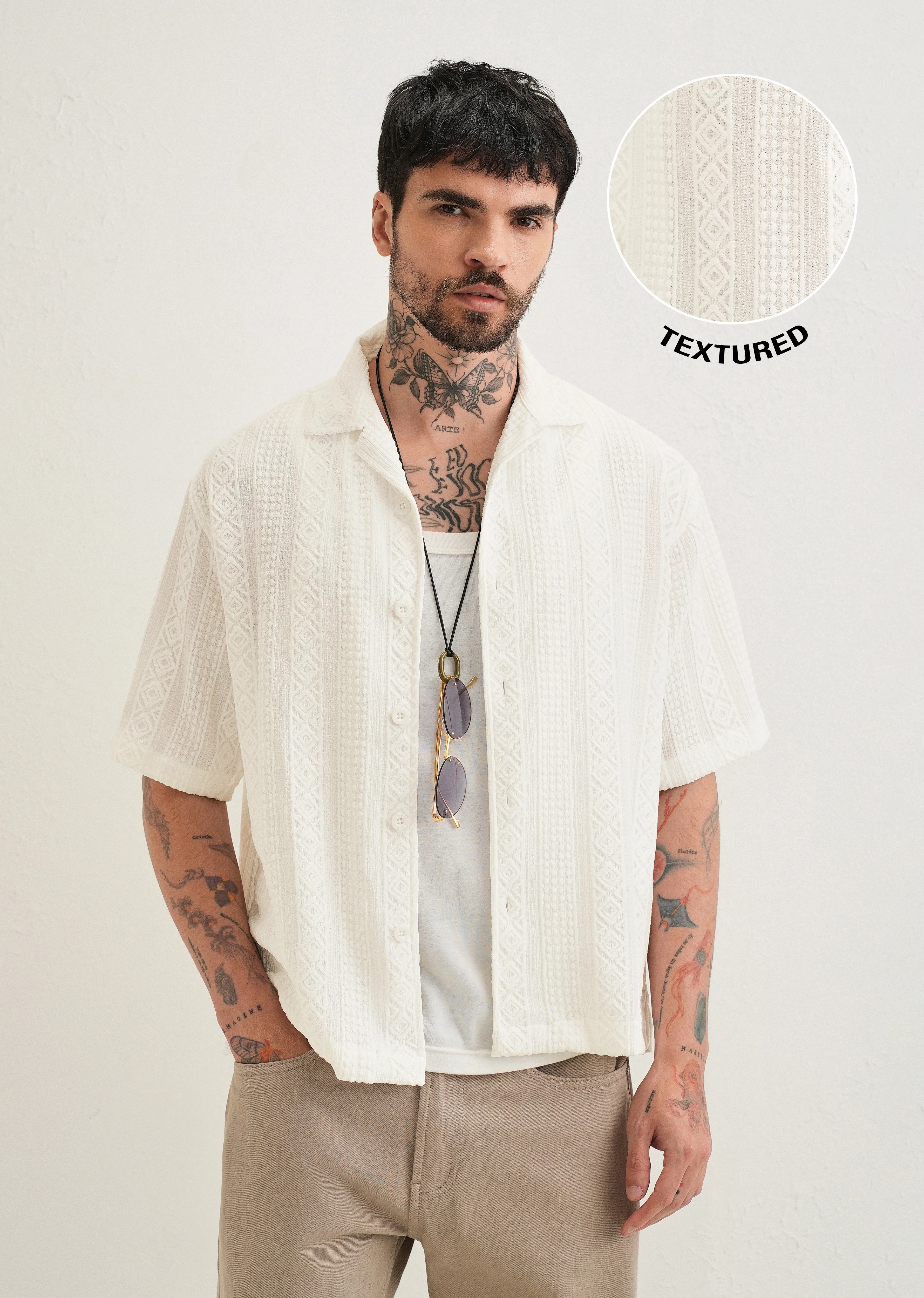 White Geometric Textured Shirt - Image 2