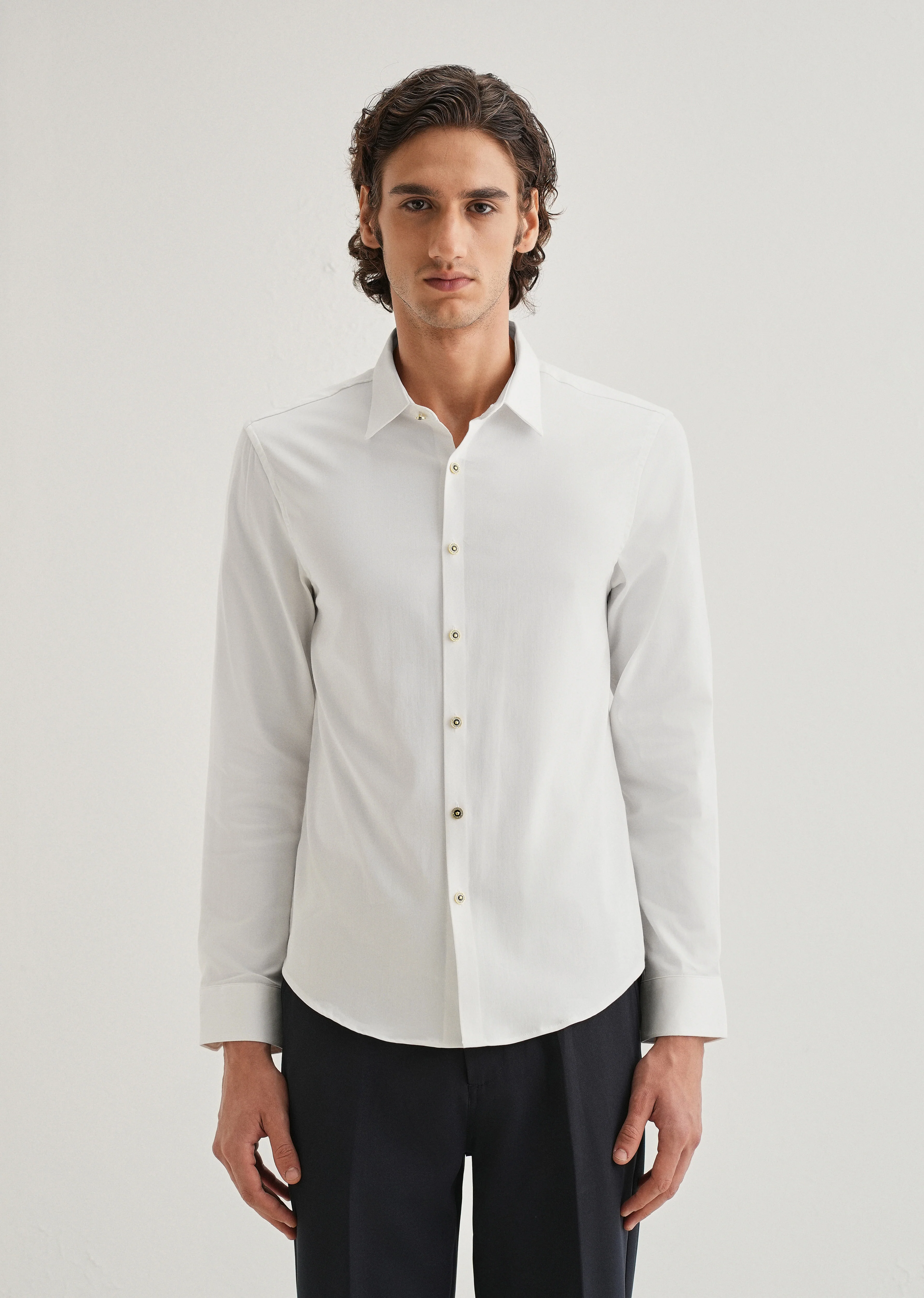 White Glossy Gold Embellished Button Shirt - Image 5