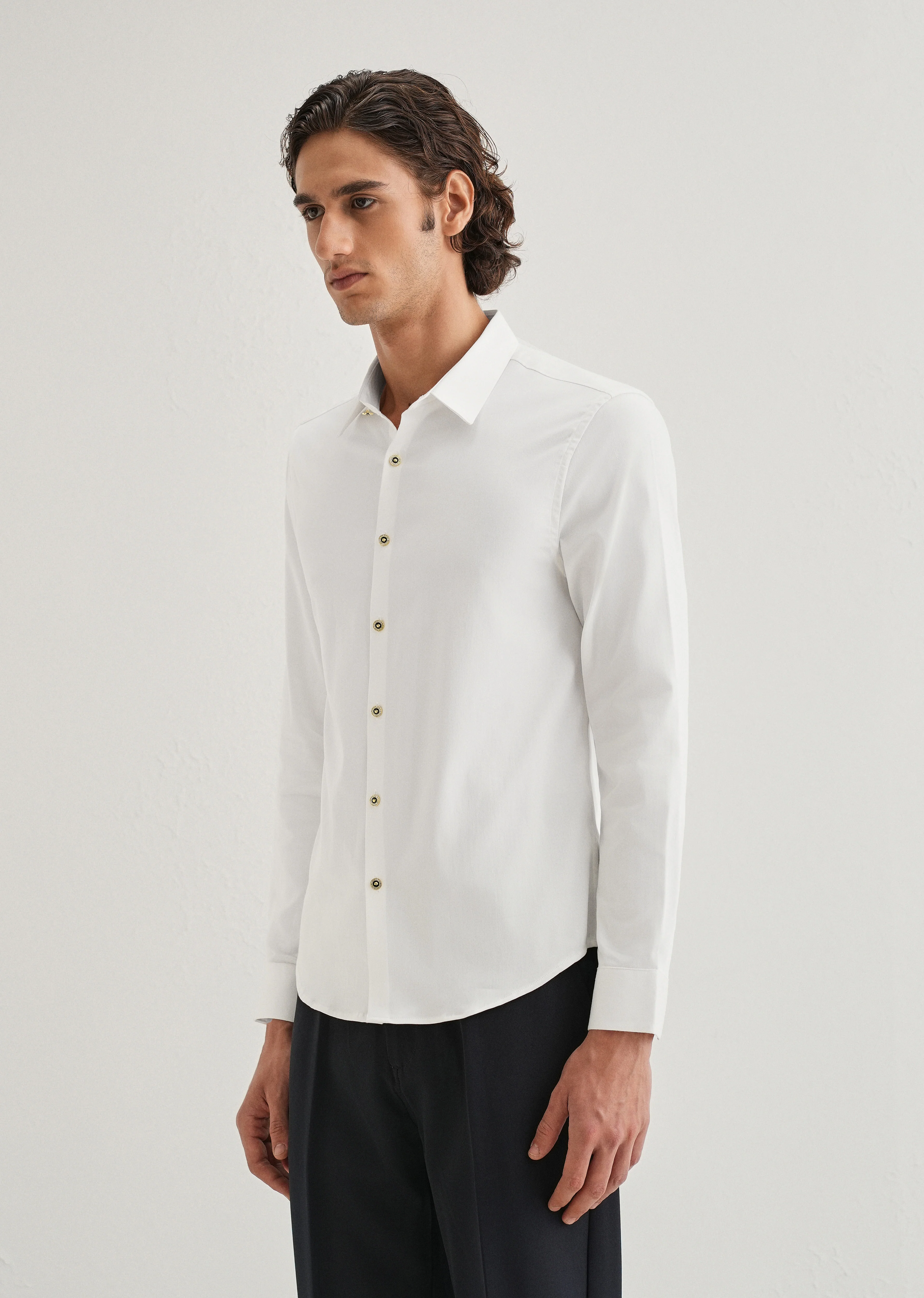 White Glossy Gold Embellished Button Shirt - Image 6