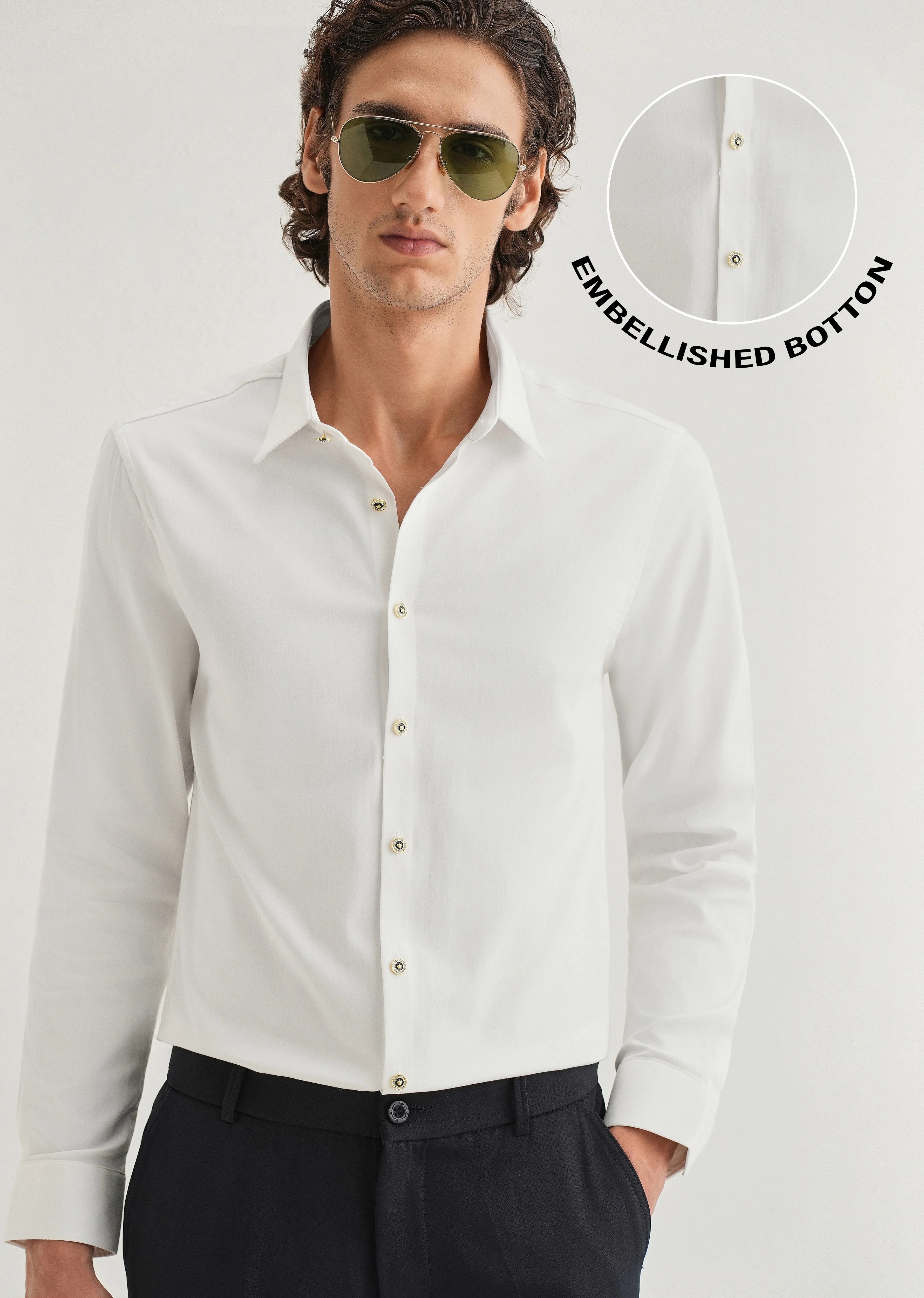 White Glossy Gold Embellished Button Shirt - Image 8