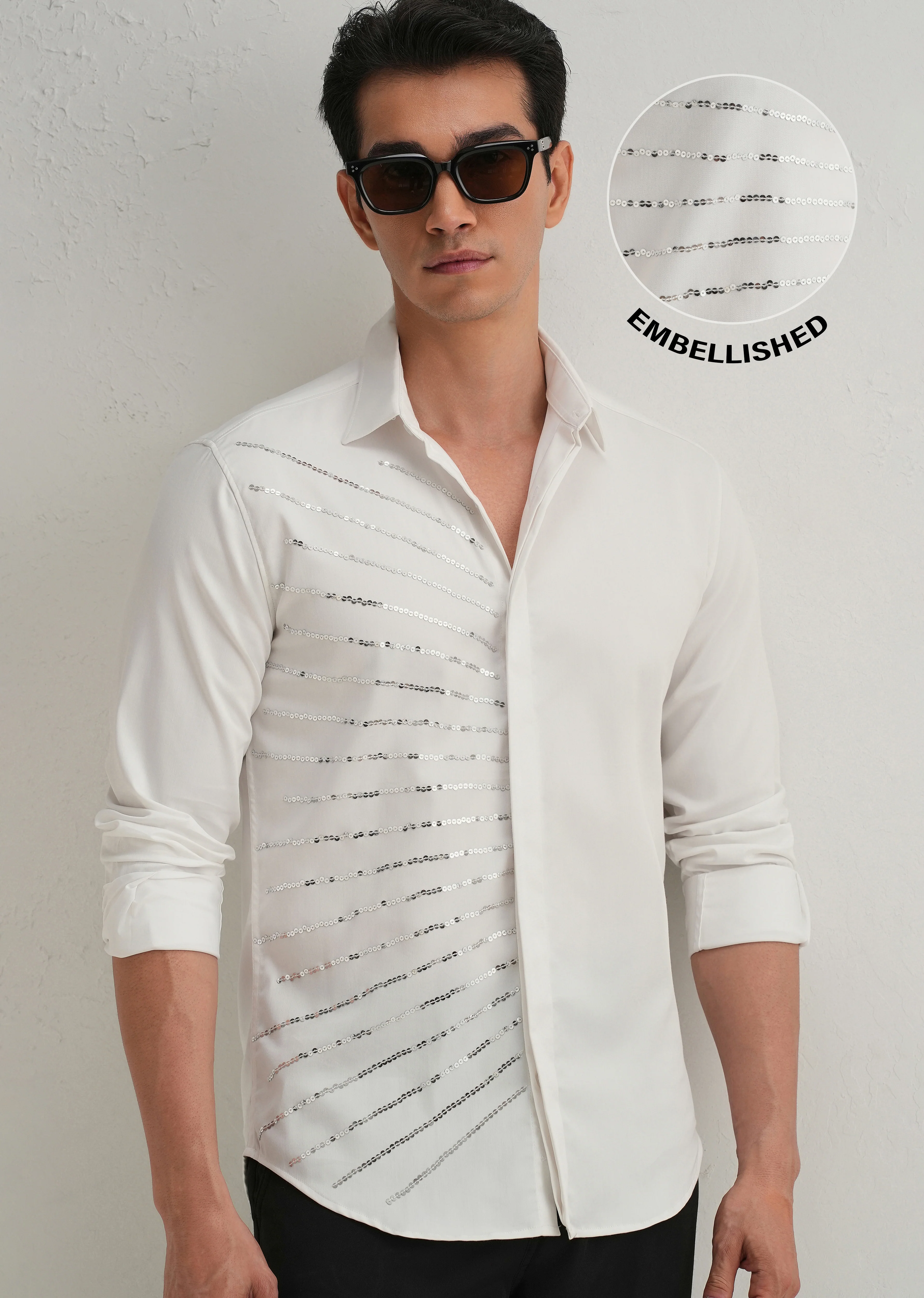 White Gradient Ray Sequin Designer Shirt - Image 7