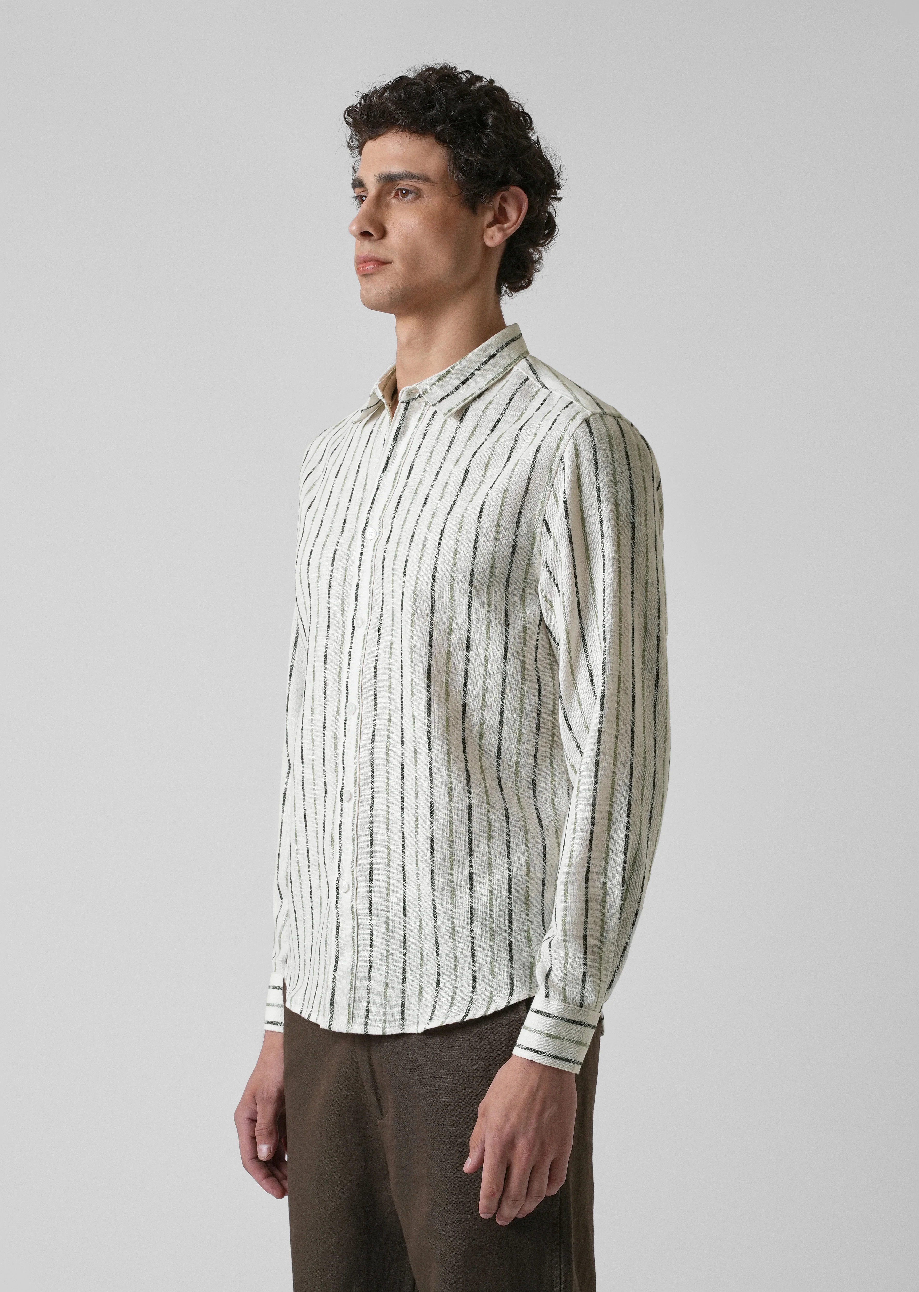 White Green Blended Cotton Striped Shirt - Image 4