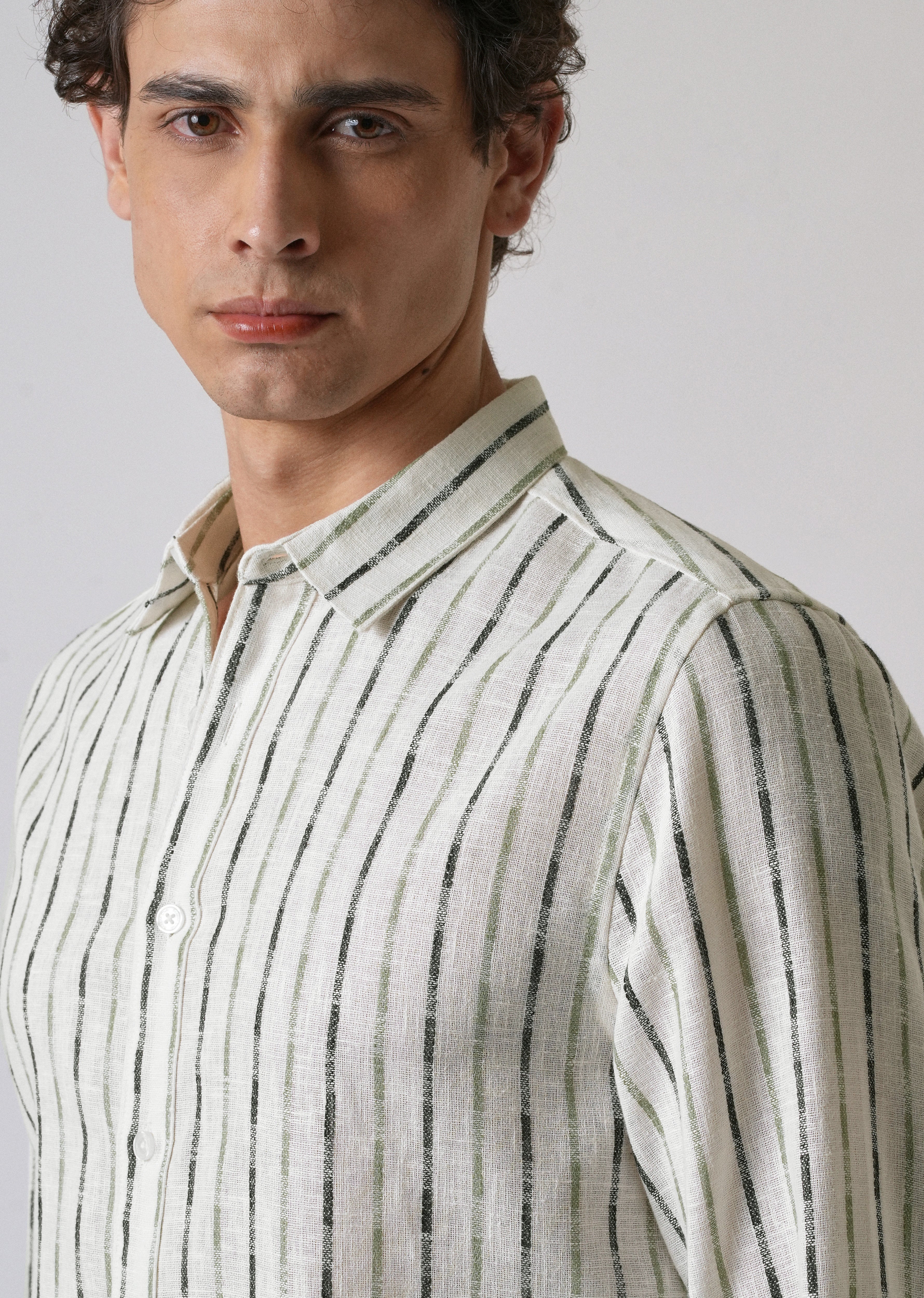 White Green Blended Cotton Striped Shirt - Image 5
