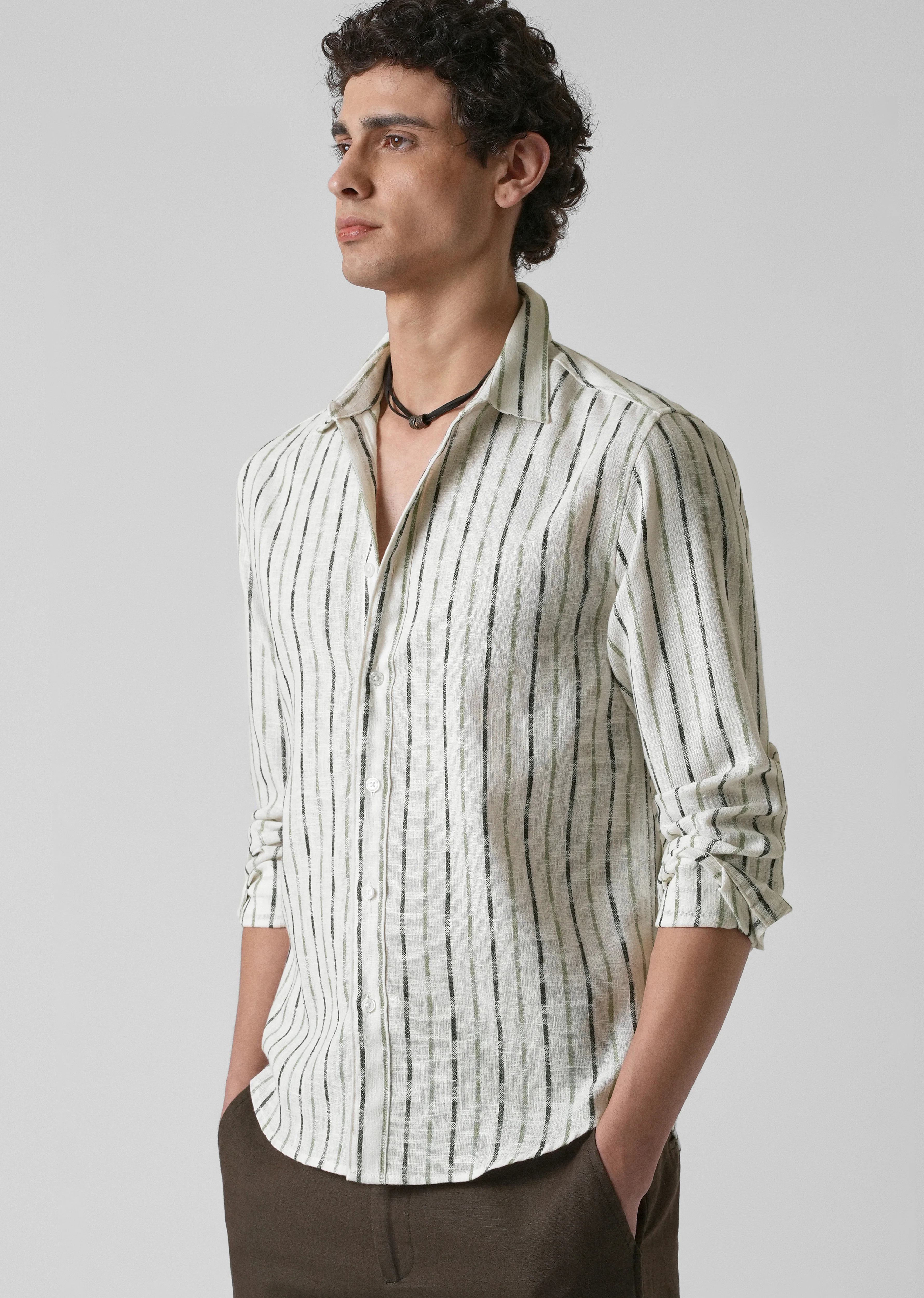 White Green Blended Cotton Striped Shirt - Image 7