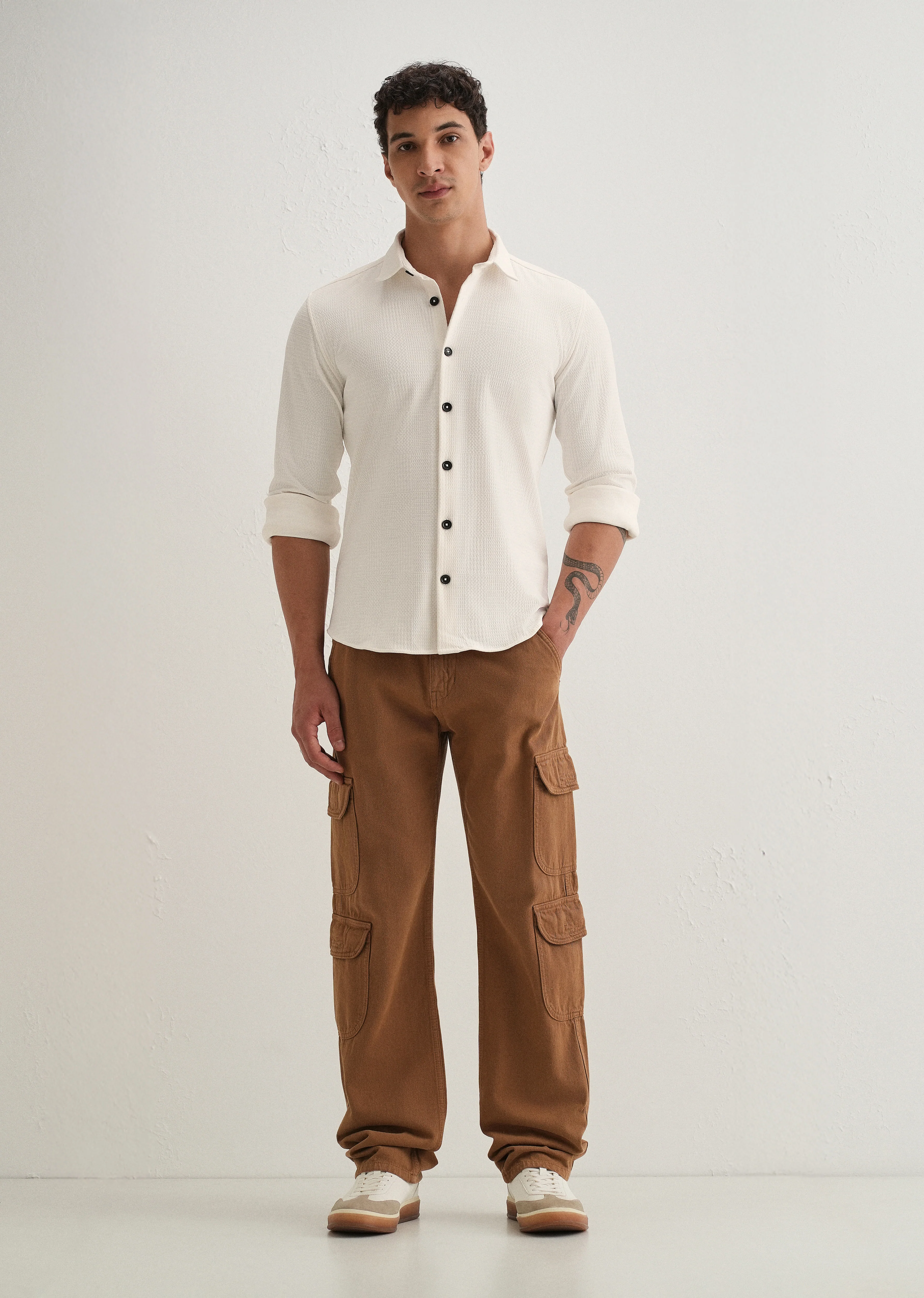 White Grid Textured Knit Shirt - Image 6