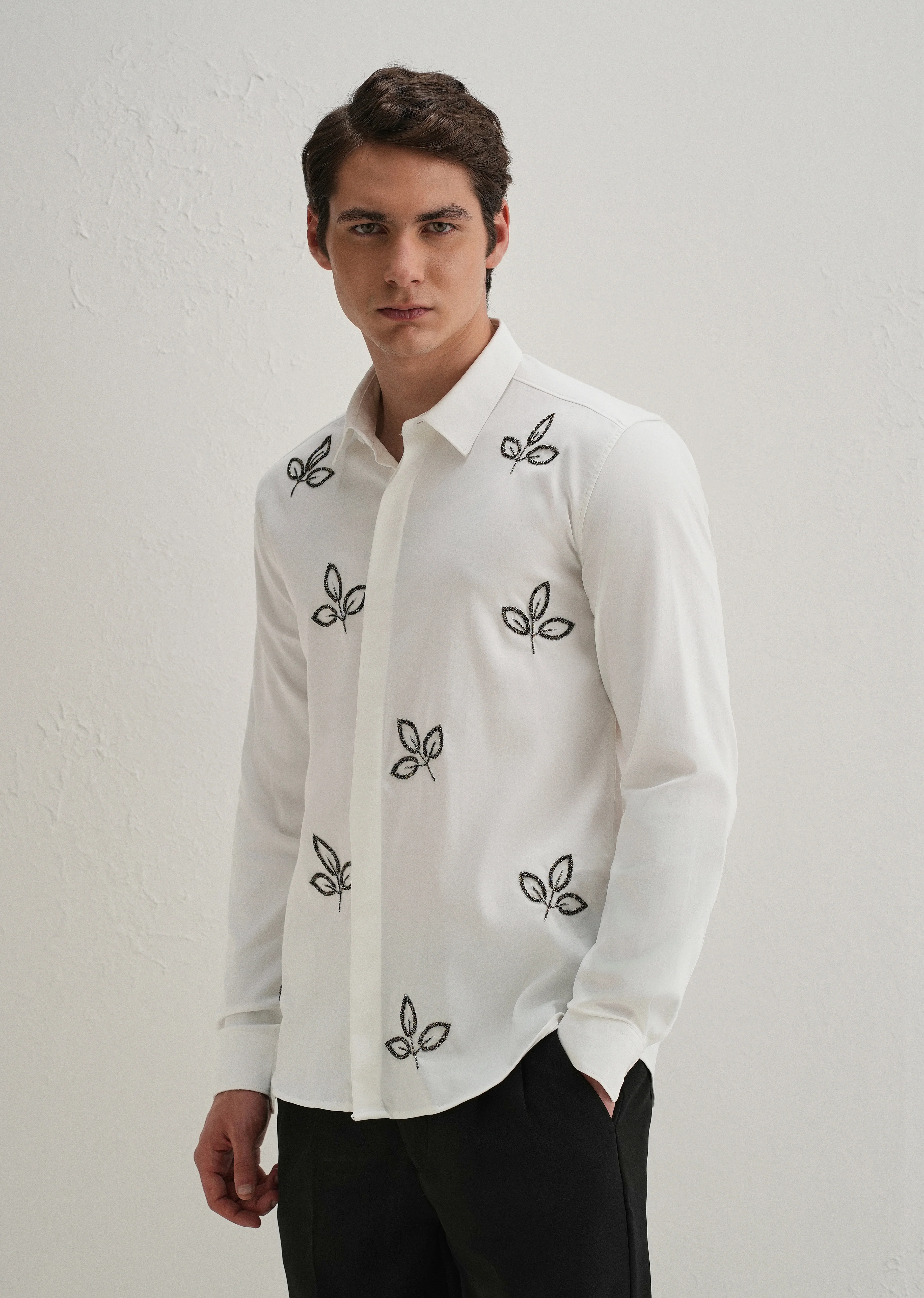 White Handcrafted Leaf Designer Shirt - Image 5