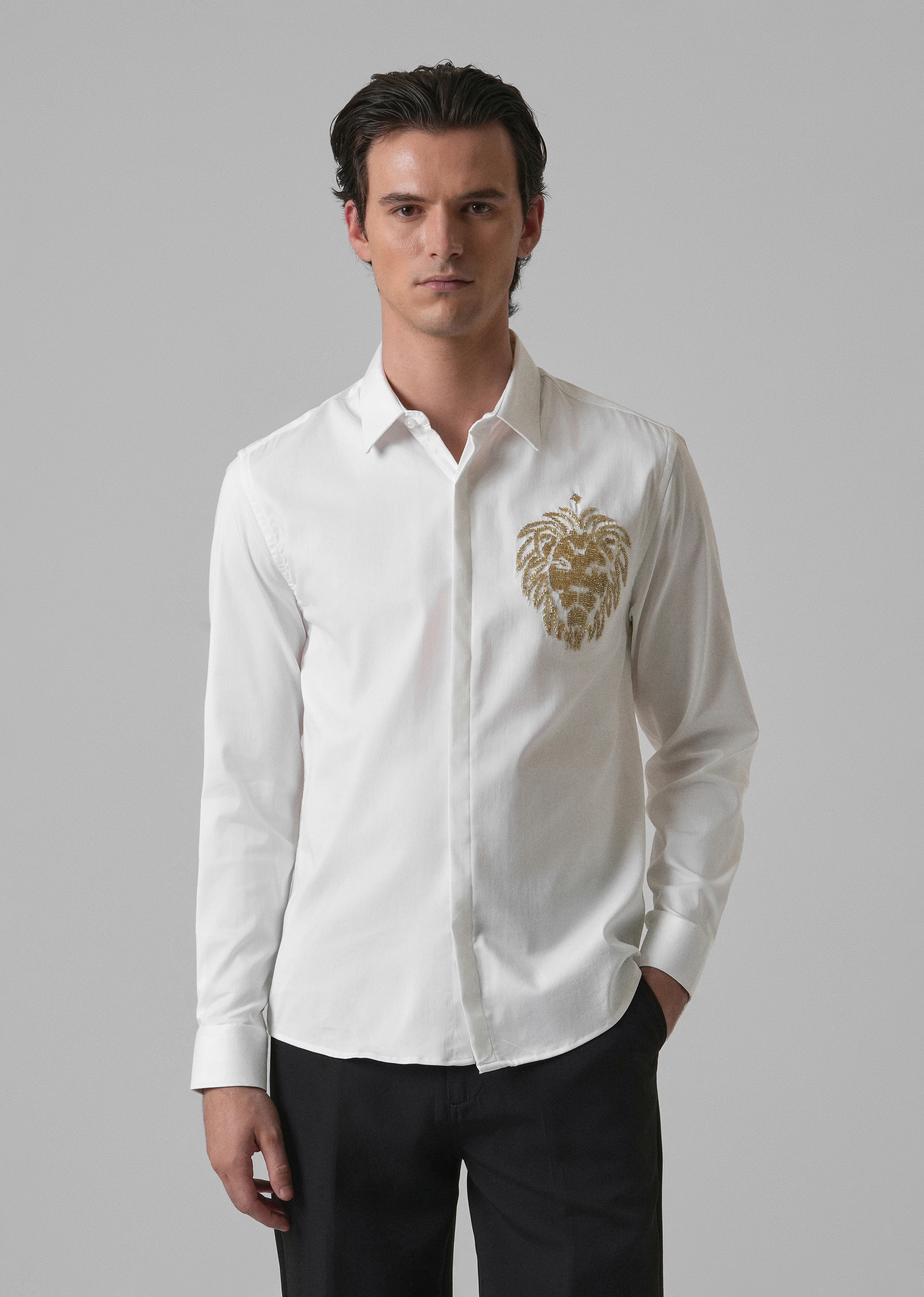 White Handcrafted Lion Embroidery Designer Shirt - Image 3