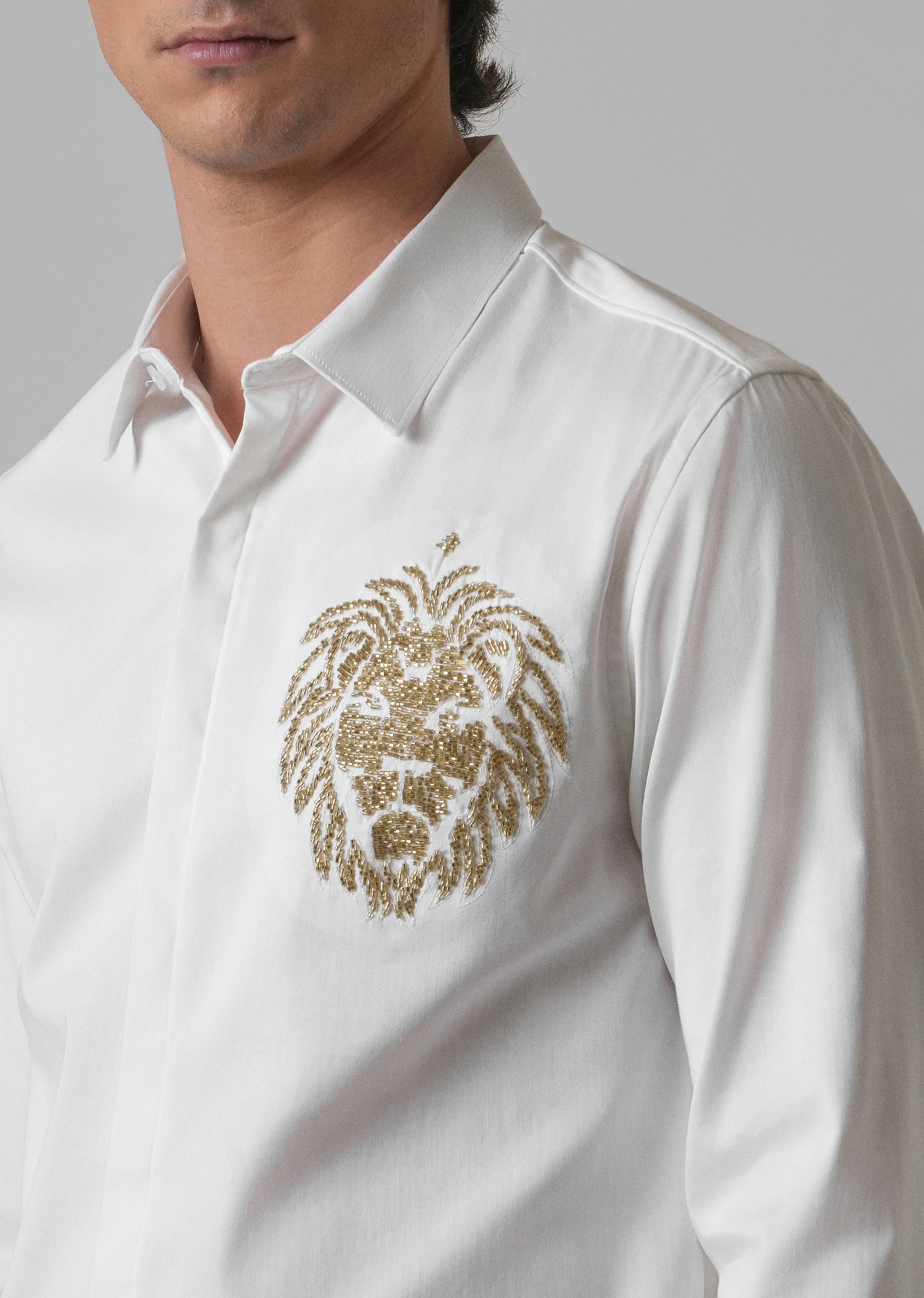 White Handcrafted Lion Embroidery Designer Shirt - Image 5