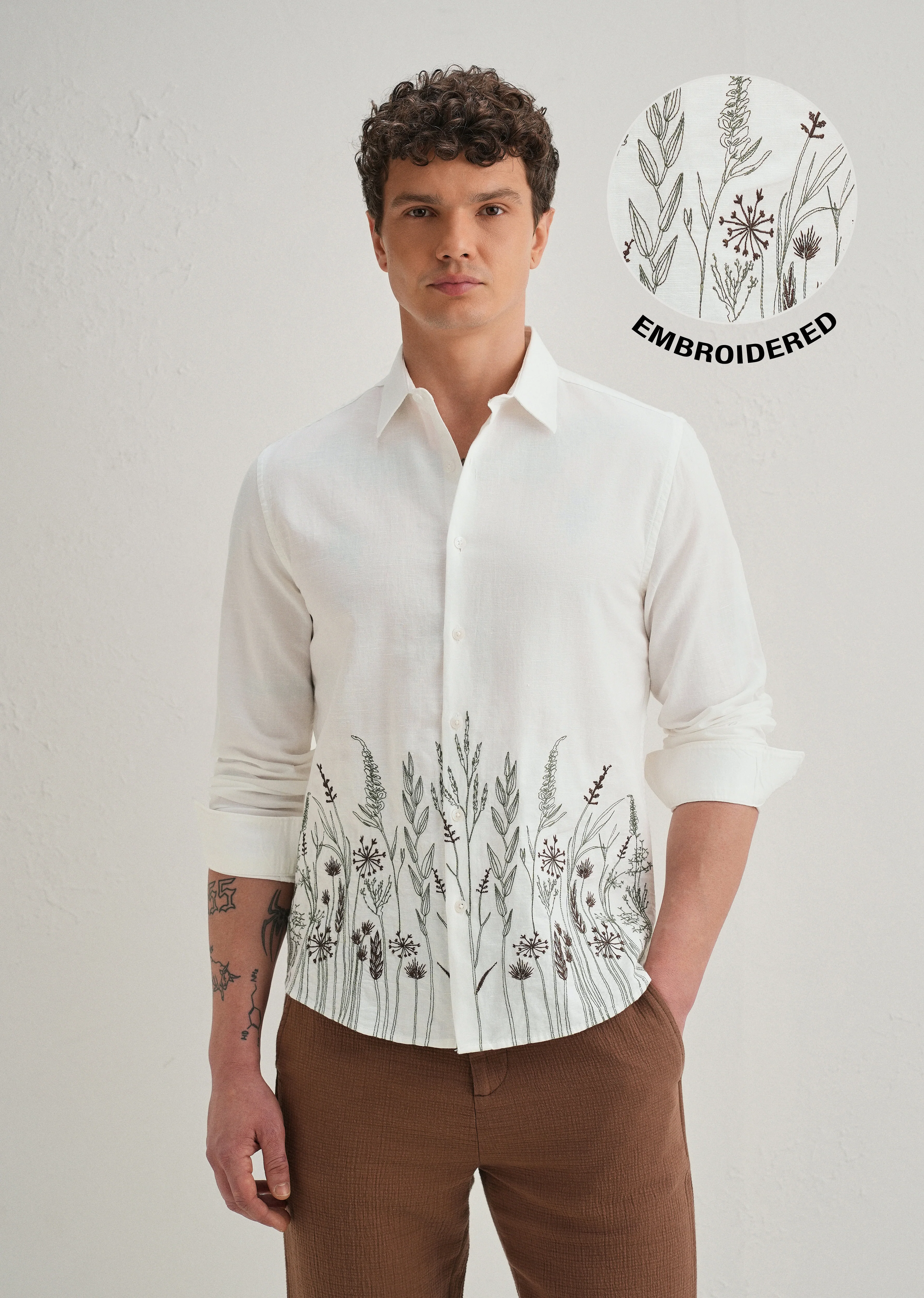 White Hem Embroidery Cotton Linen Shirt - Image 2