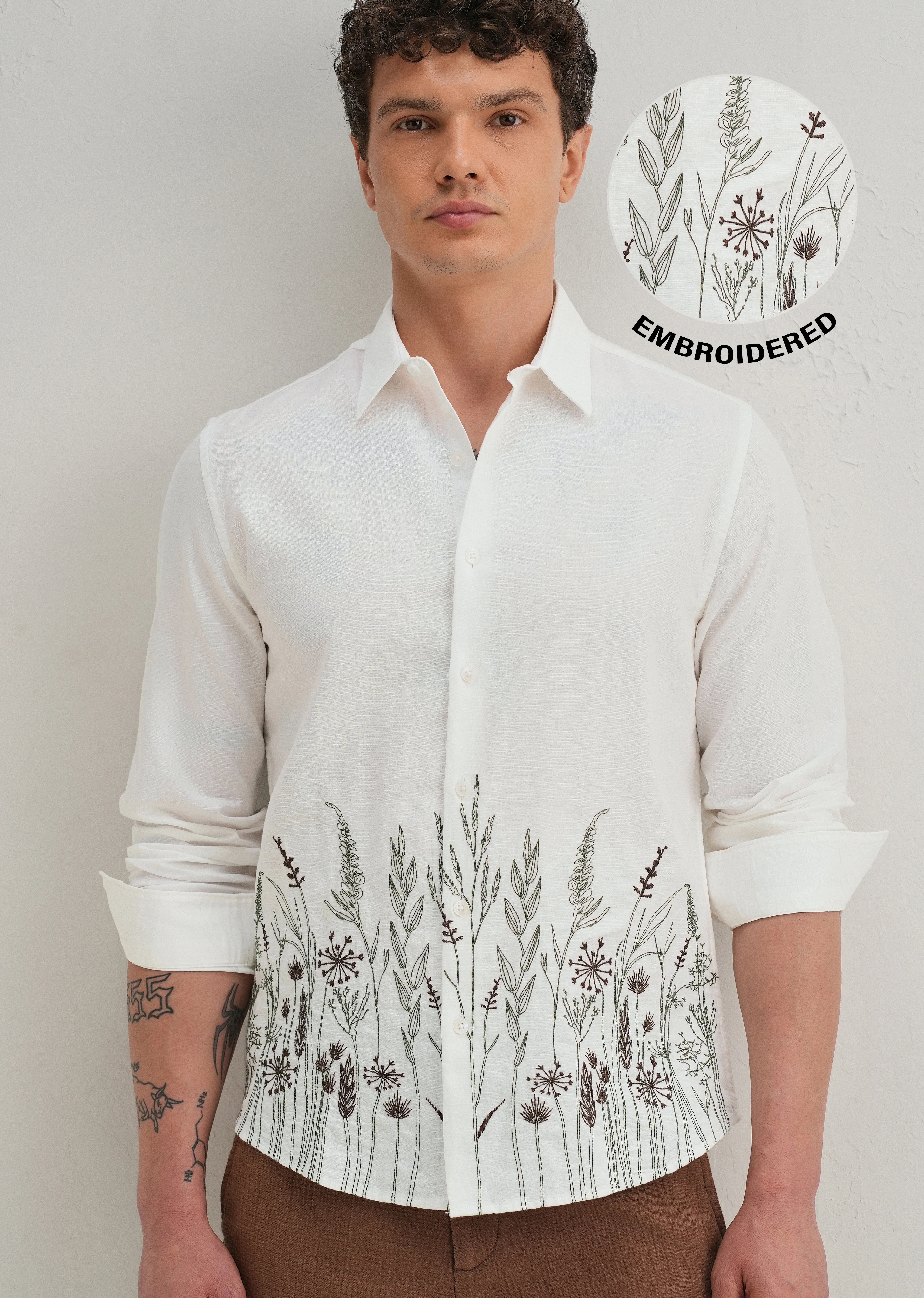 White Hem Embroidery Cotton Linen Shirt - Image 8