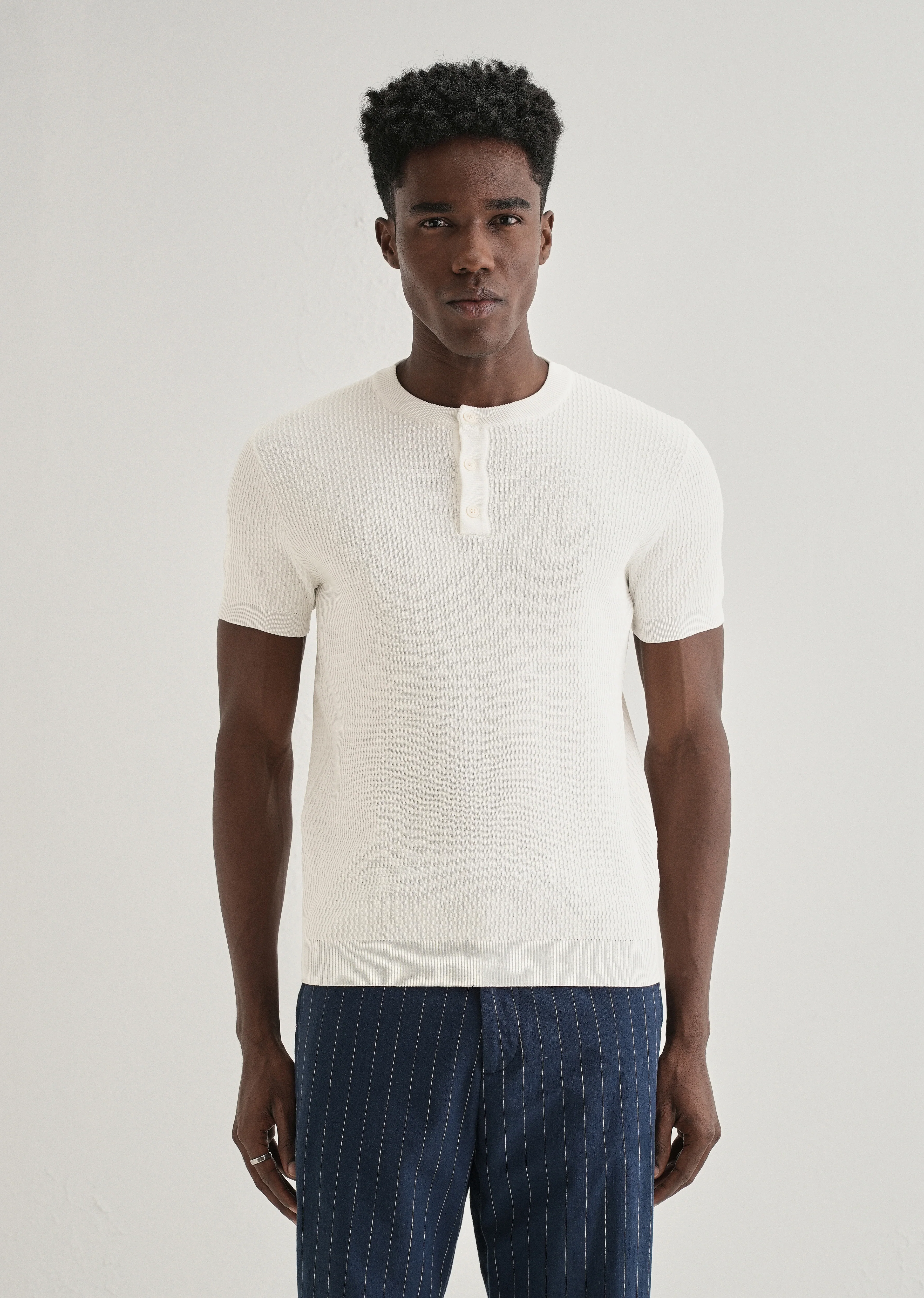 White Henley Neck Knitted T-shirt - Image 3