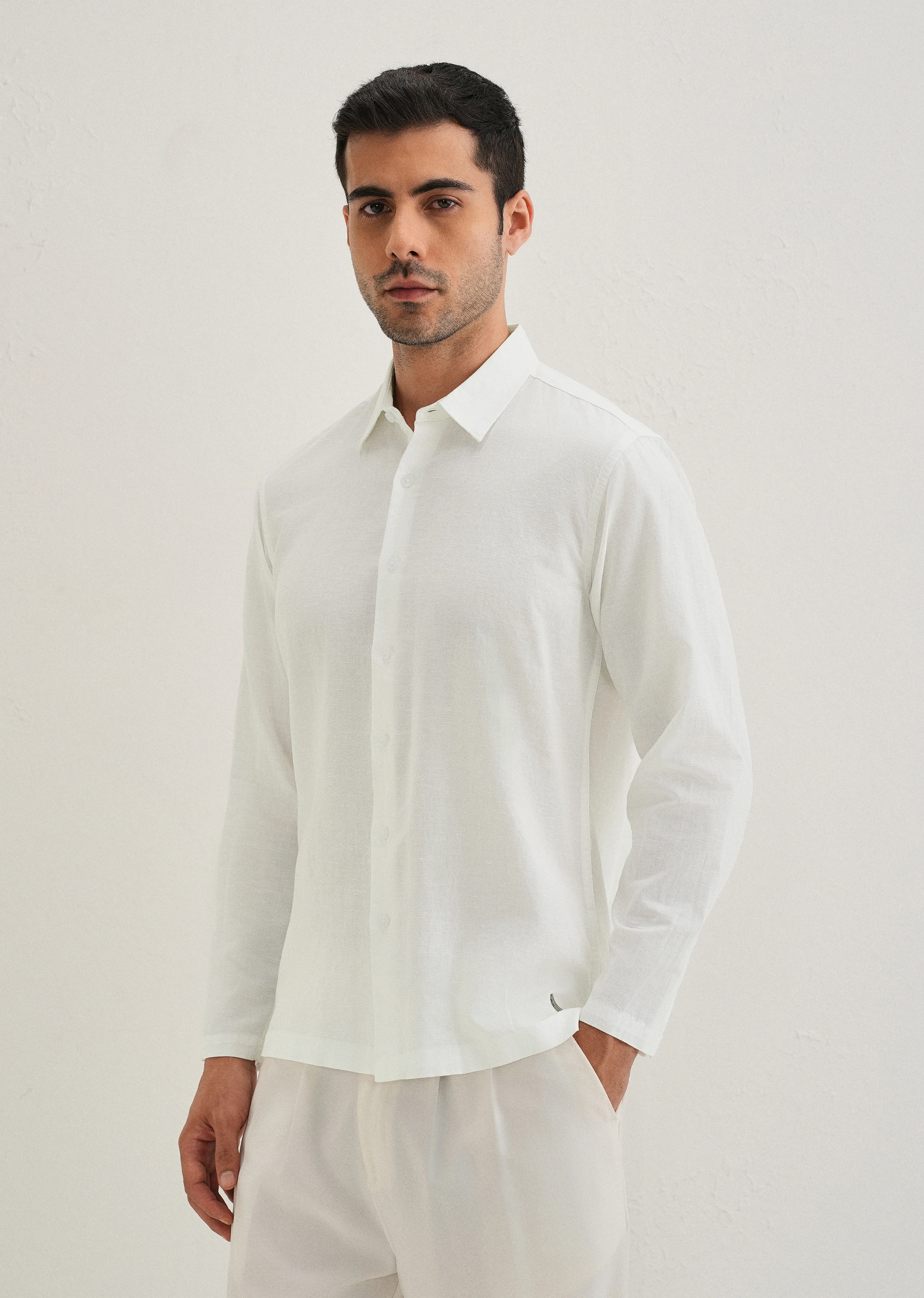 White Hidden Sleeve Placket Cotton Linen Shirt - Image 5