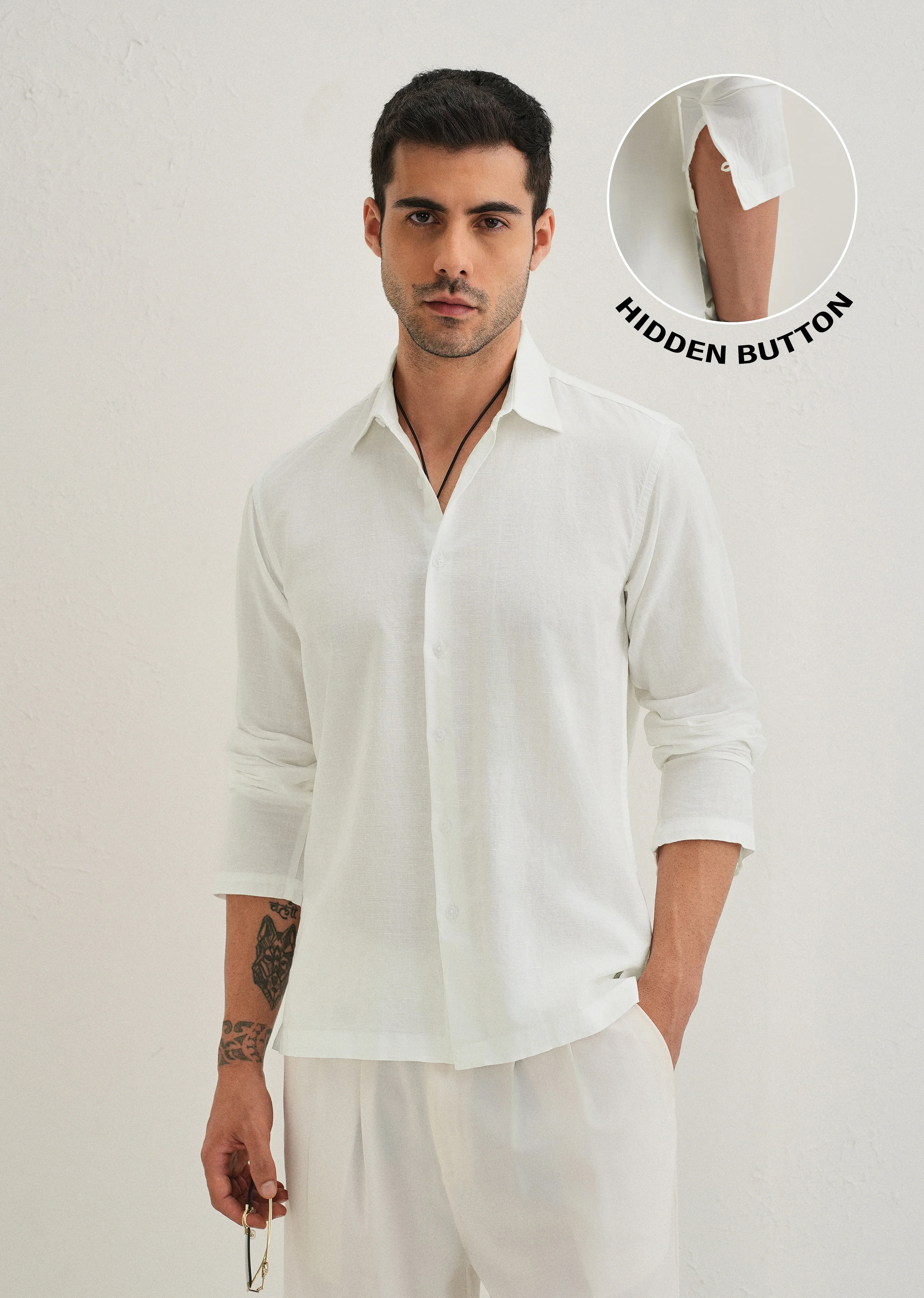 White Hidden Sleeve Placket Cotton Linen Shirt - Image 9