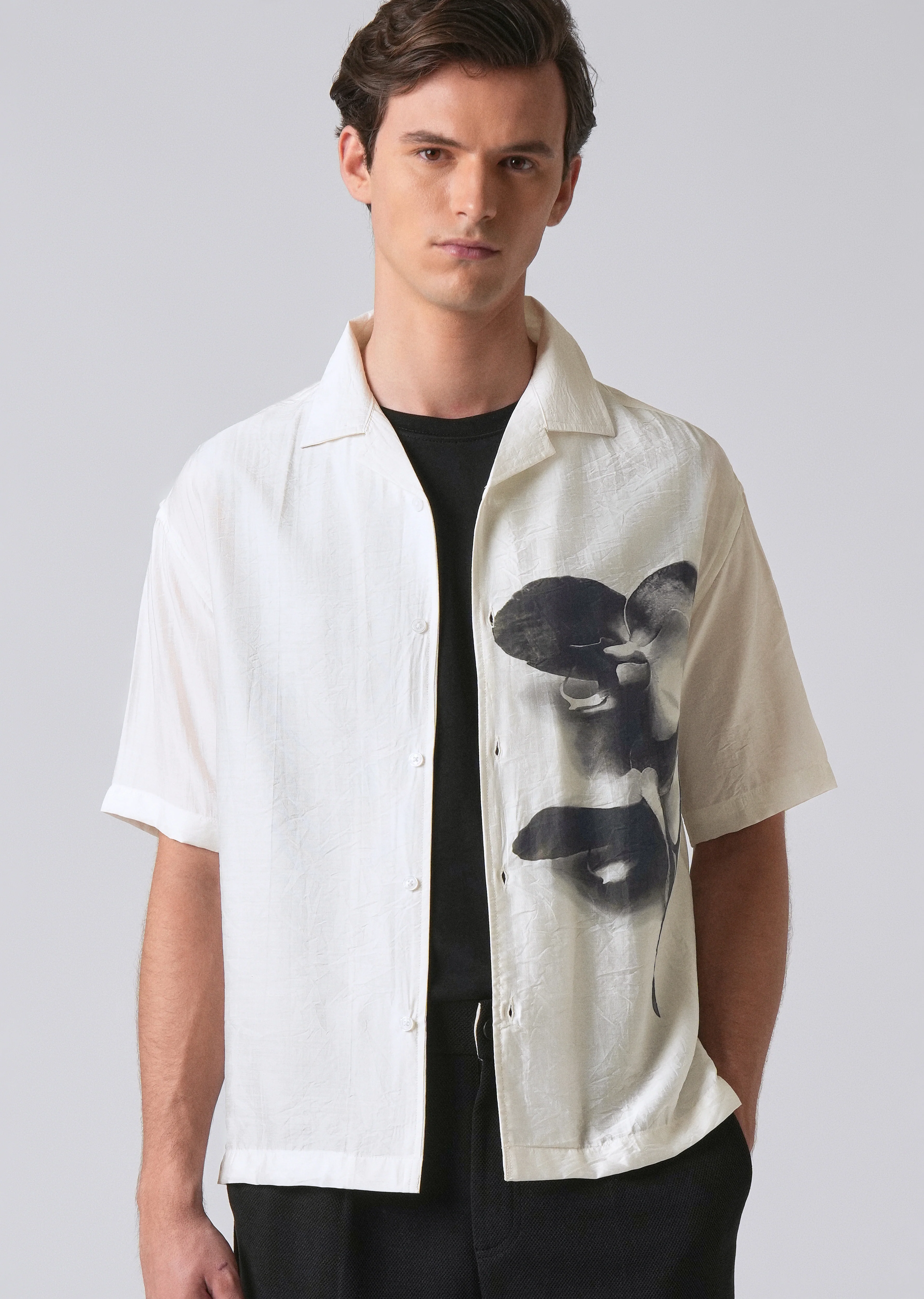 White Ink Wash Floral Print Shirt - Image 7