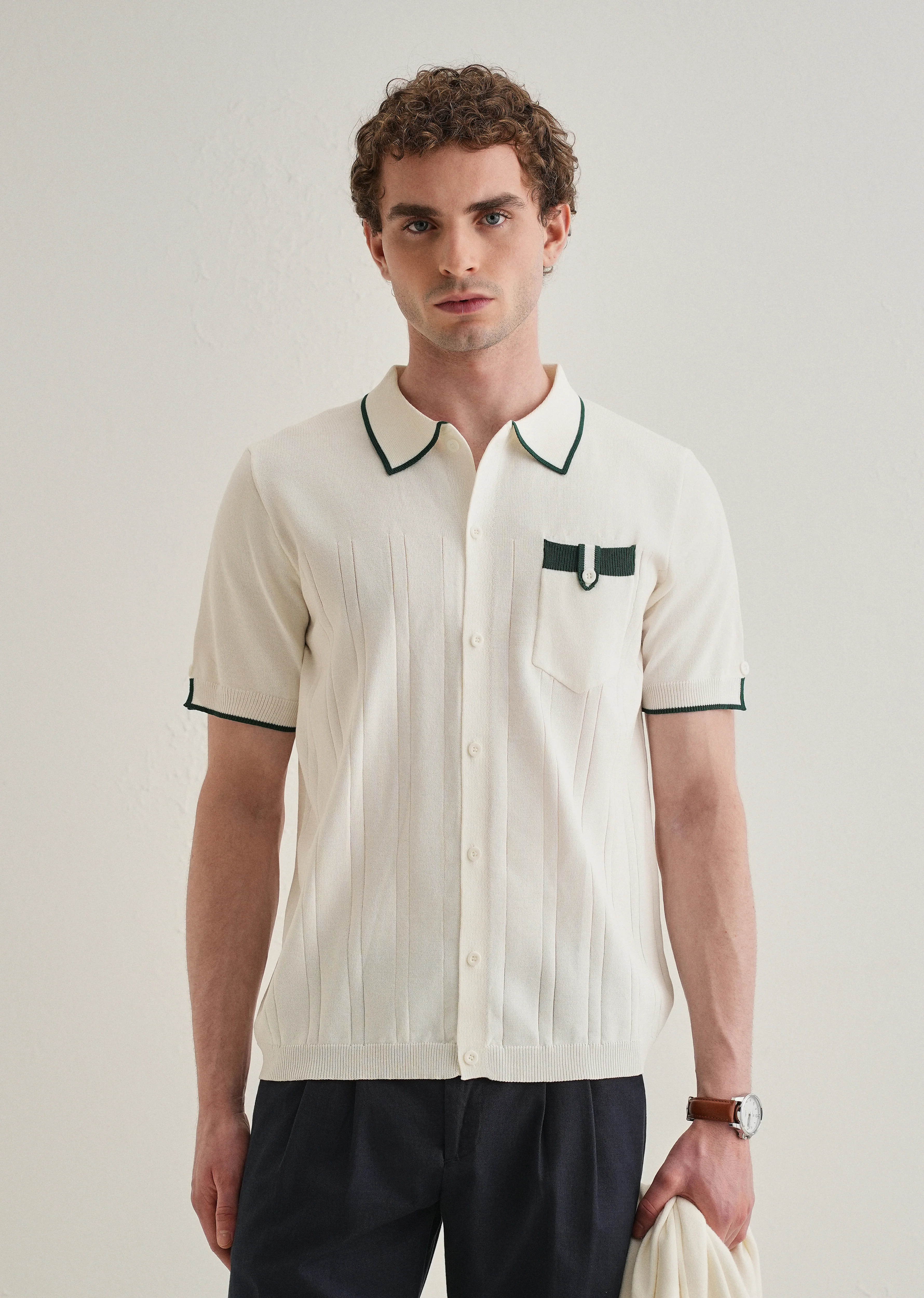 White Knitted Notch Sleeve Shirt - Image 7