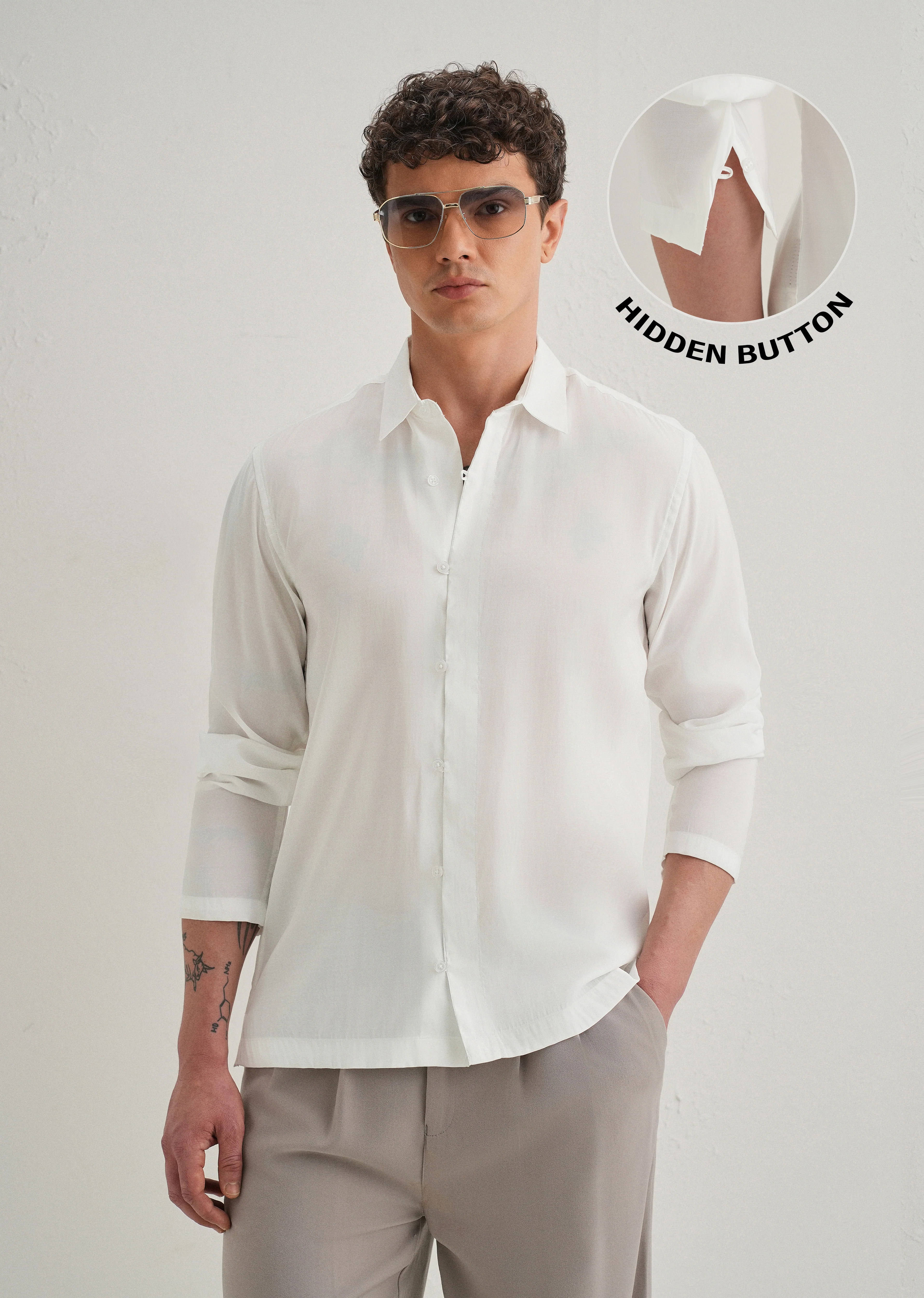 White Loop Button-Down Plain Shirt - Image 8