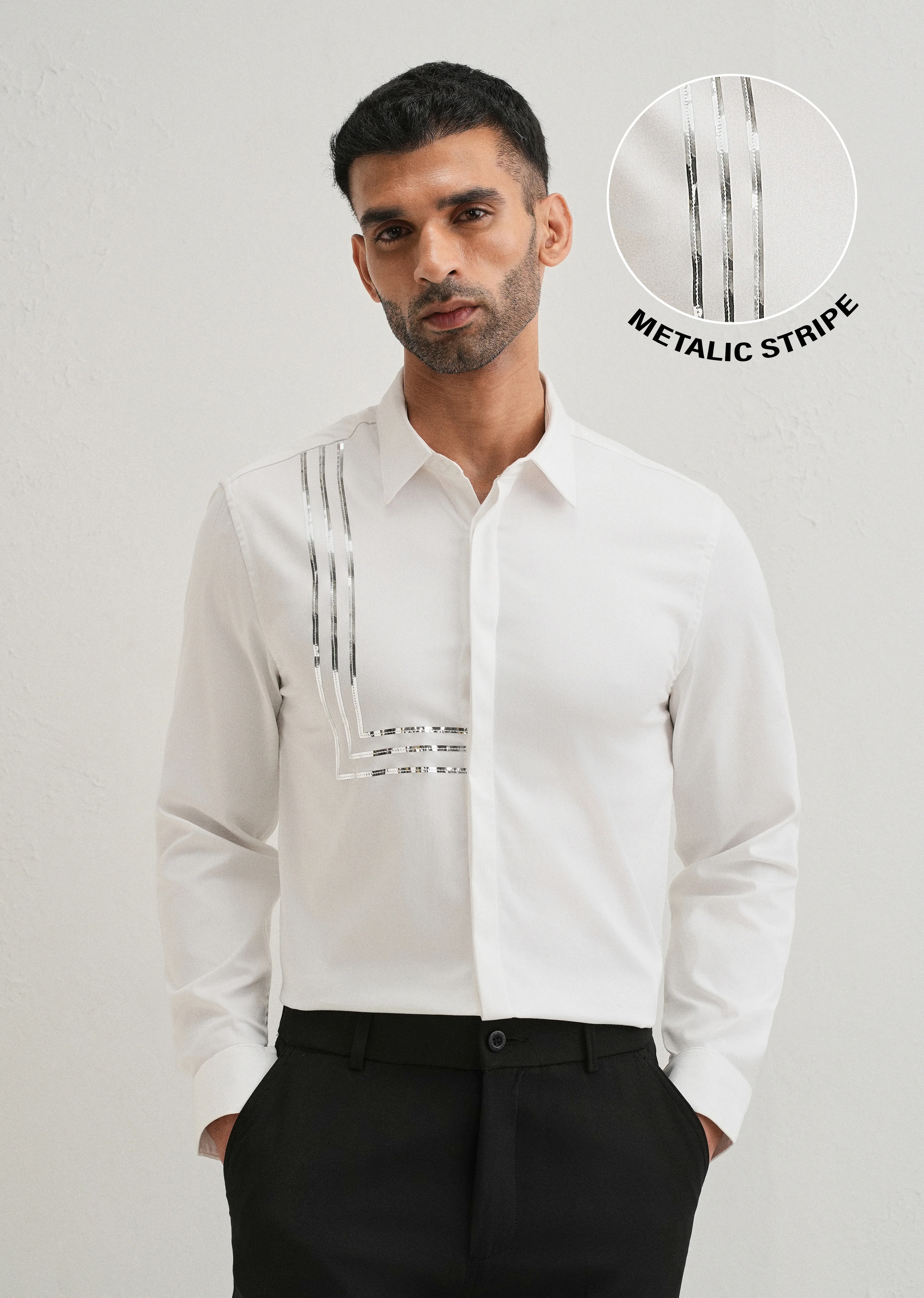 White Metallic Stripe Designer Shirt - Image 8