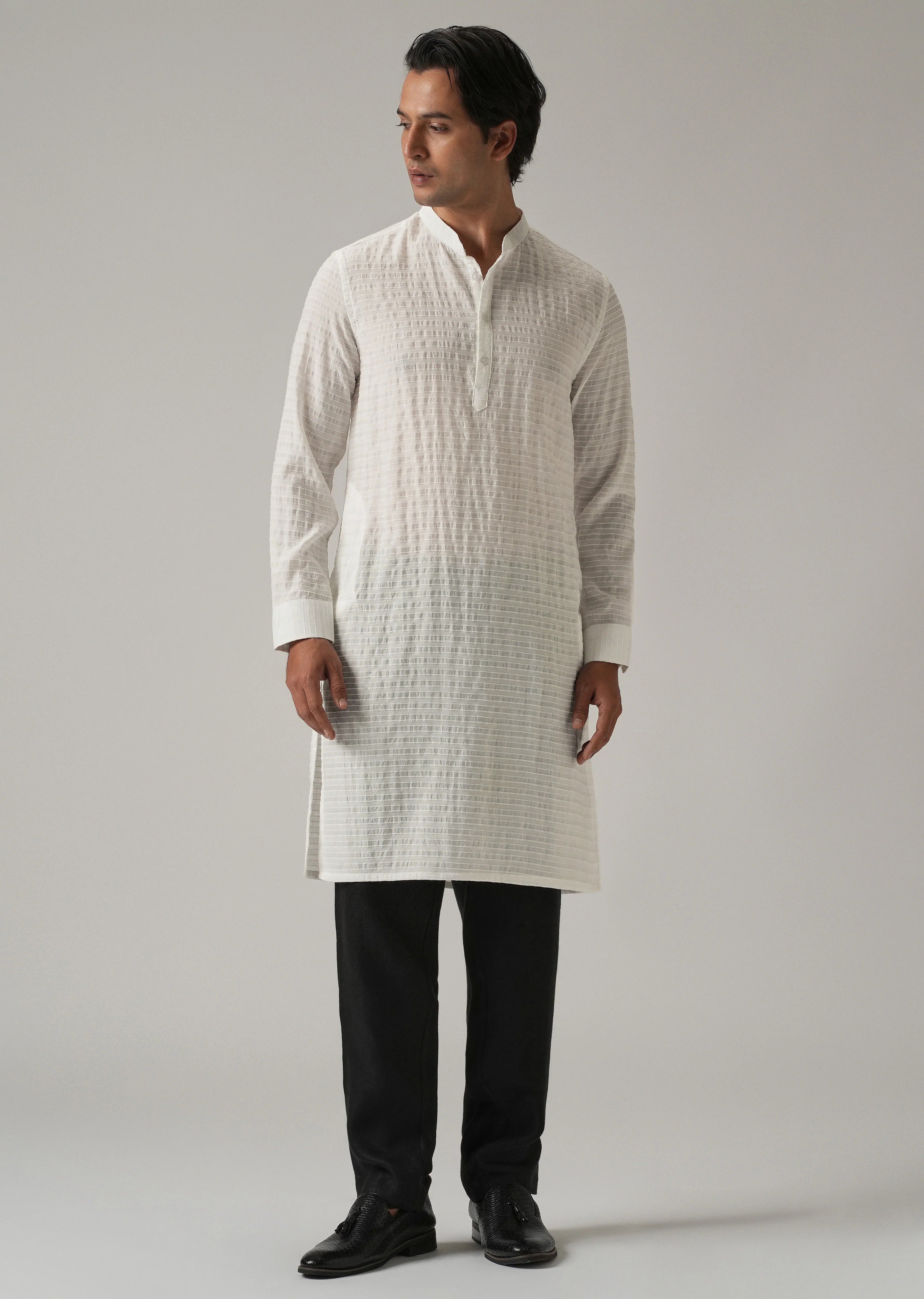 White Nylon Pin Stripe Kurta - Image 3