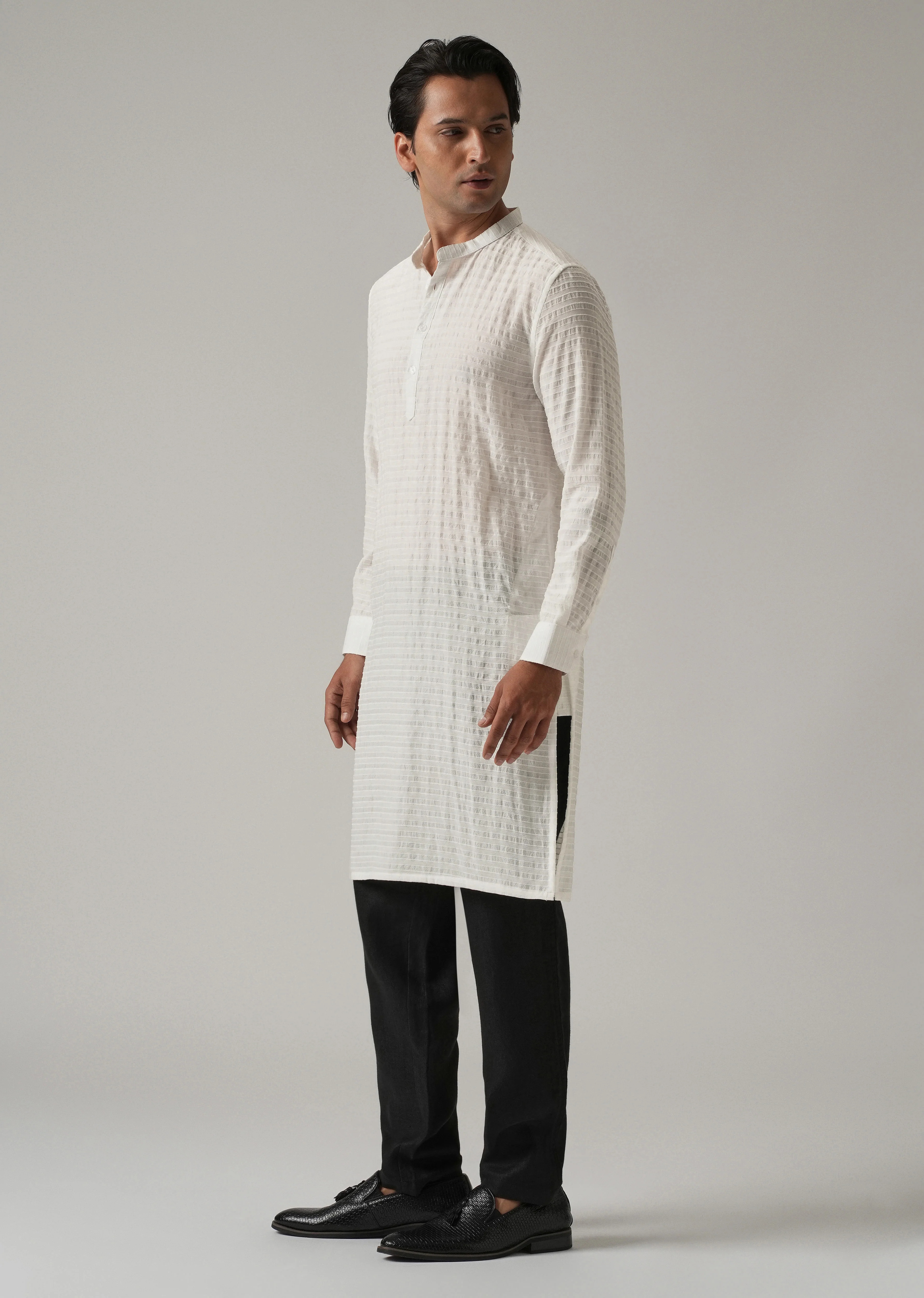 White Nylon Pin Stripe Kurta - Image 4