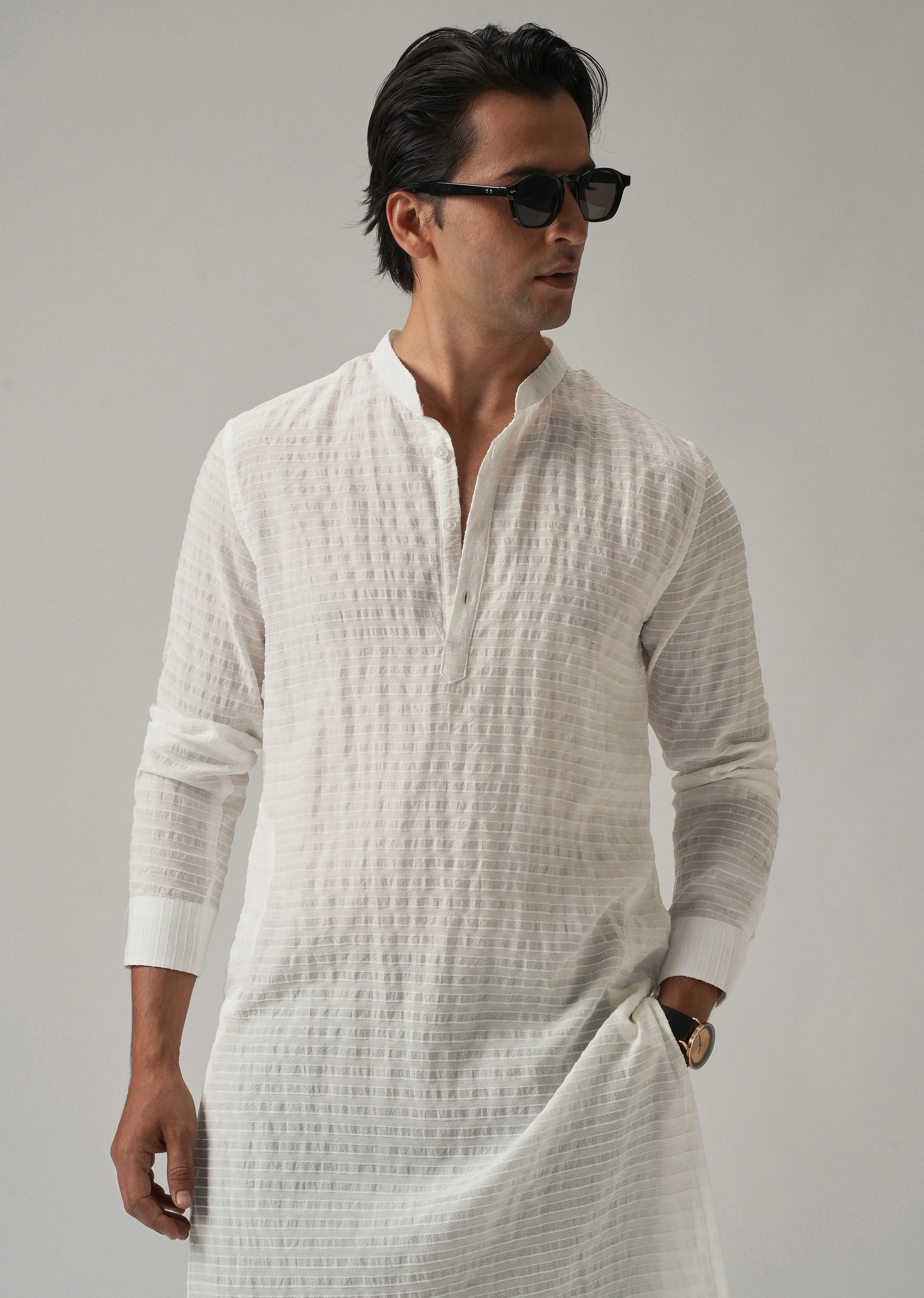 White Nylon Pin Stripe Kurta - Image 6
