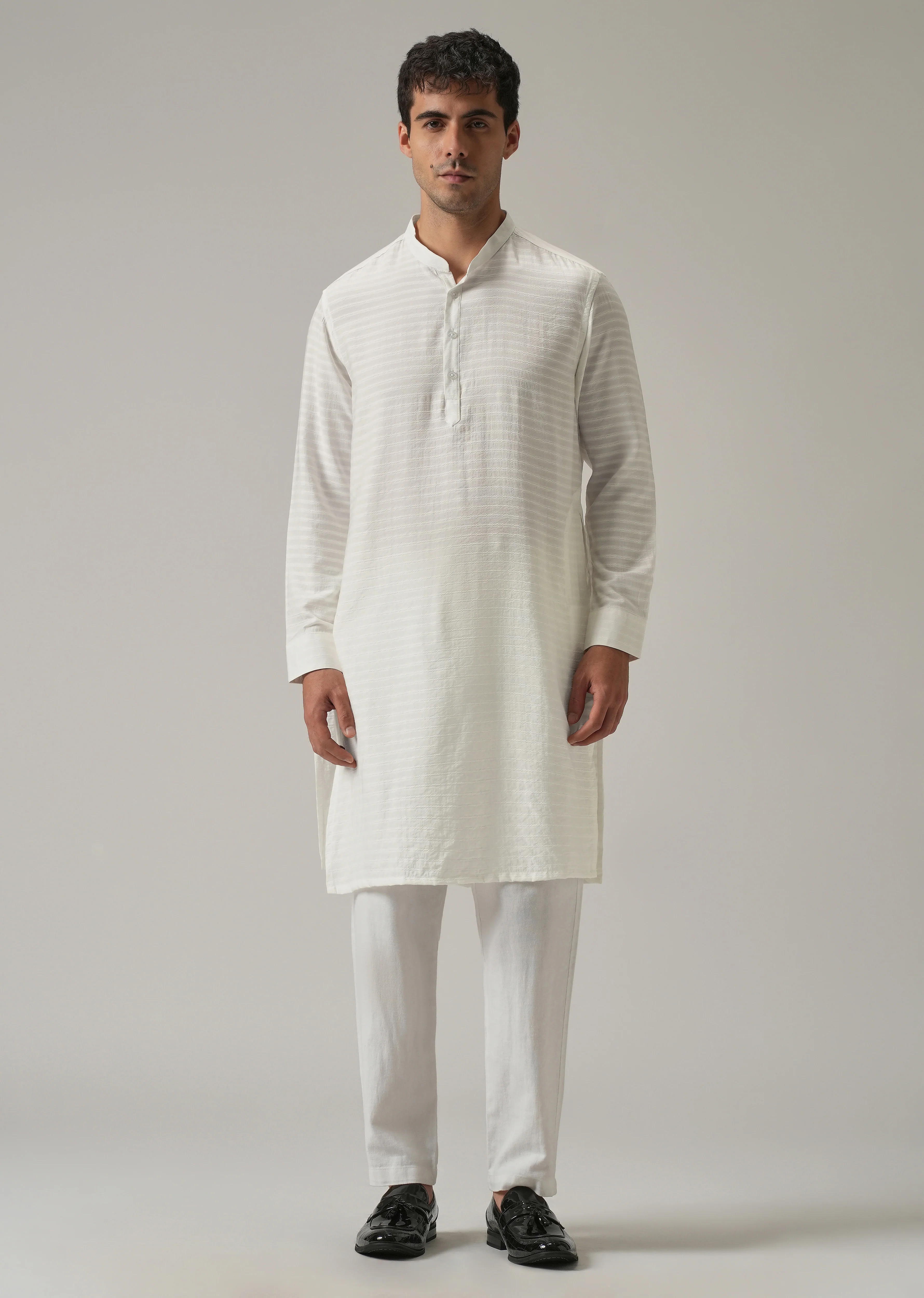 White Nylon Self Stripe Kurta - Image 3