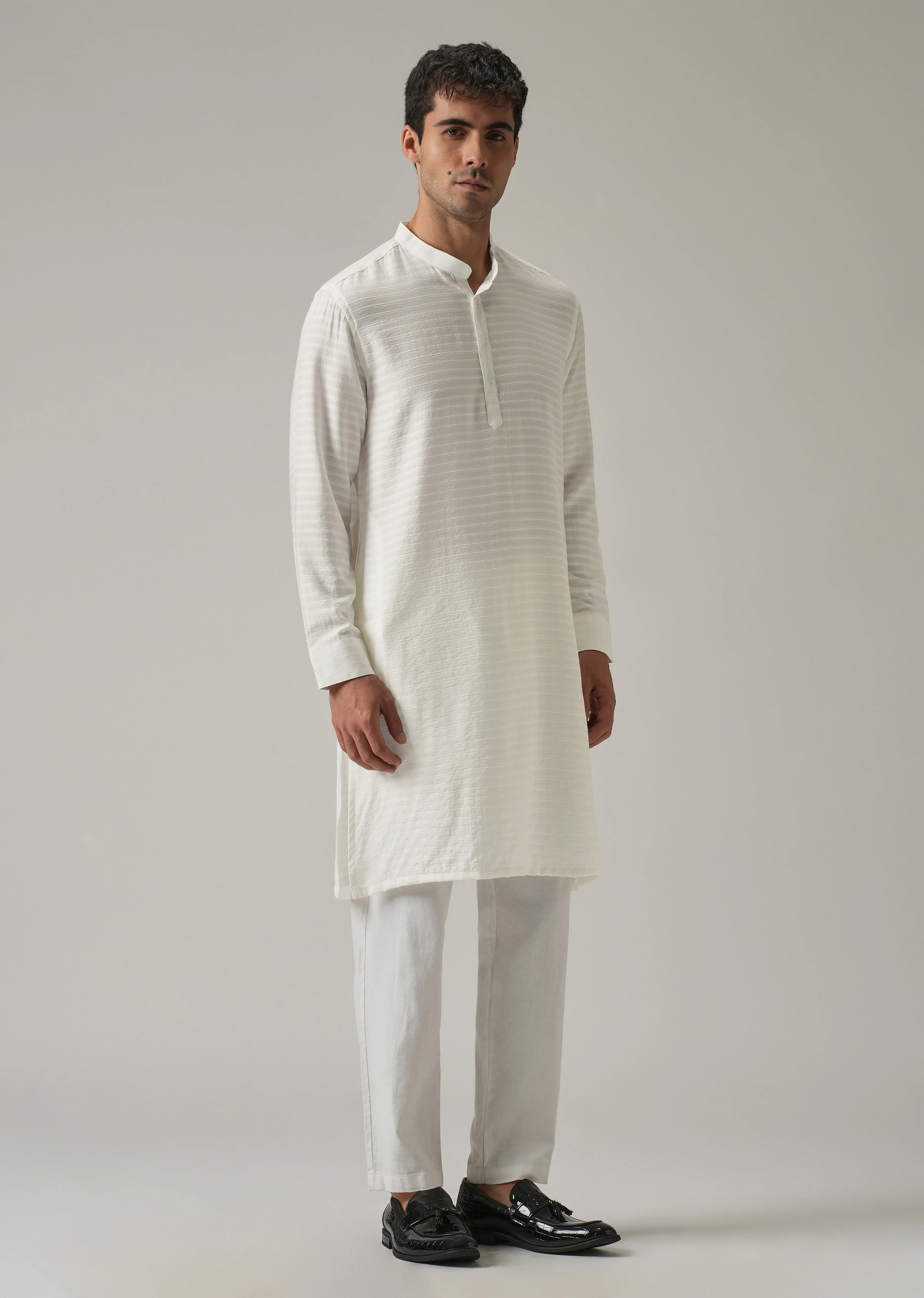 White Nylon Self Stripe Kurta - Image 4