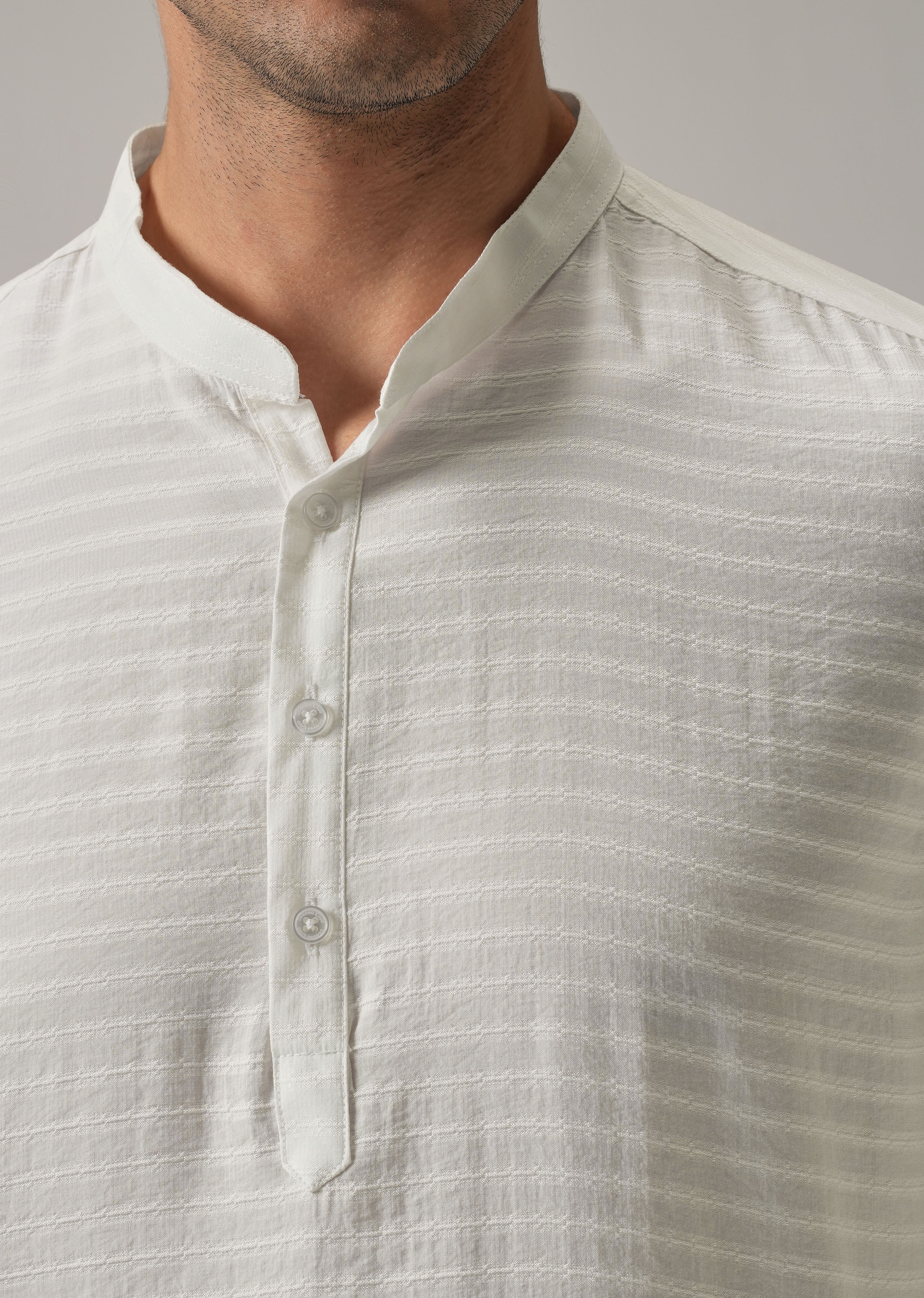 White Nylon Self Stripe Kurta - Image 5
