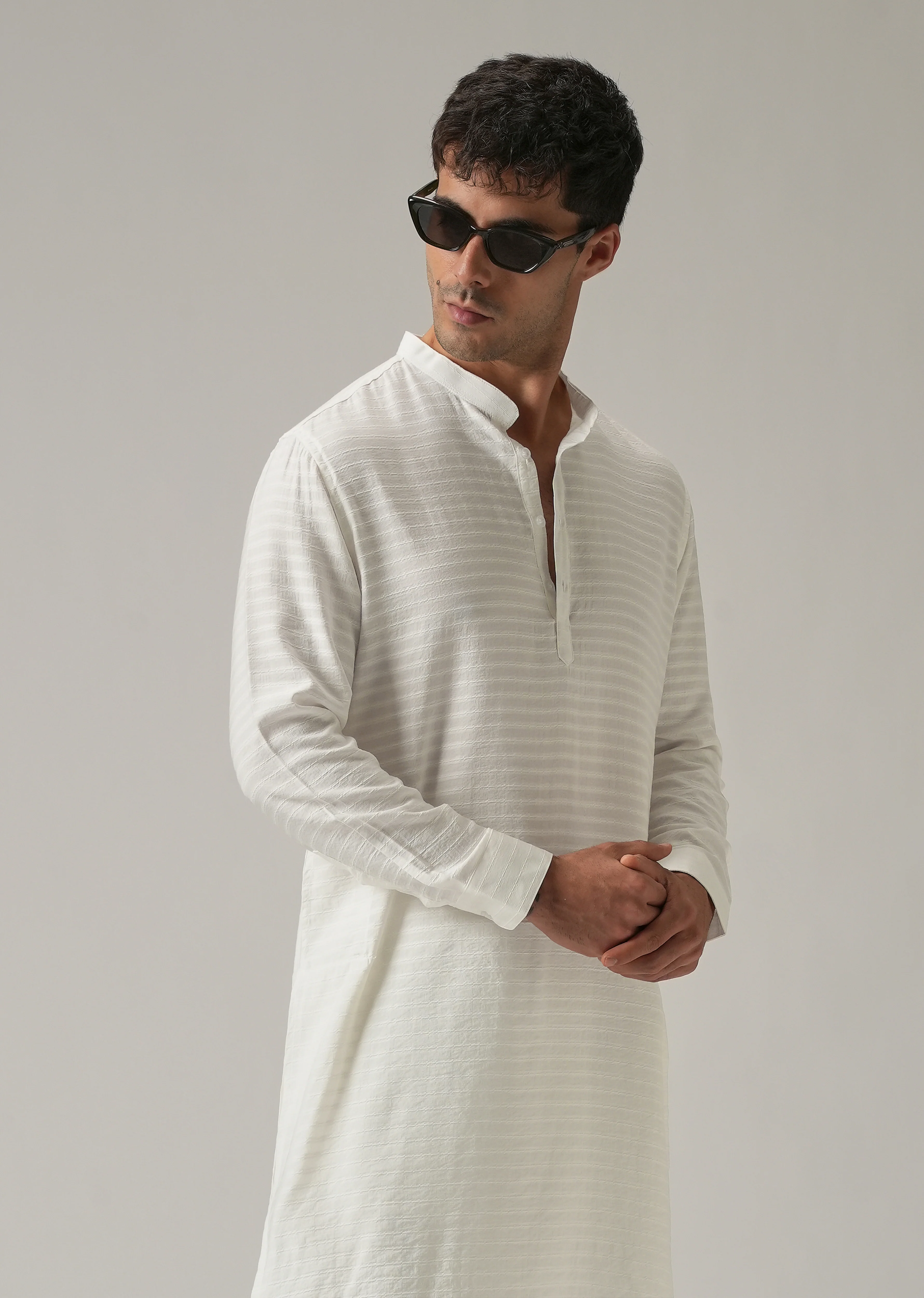 White Nylon Self Stripe Kurta - Image 6