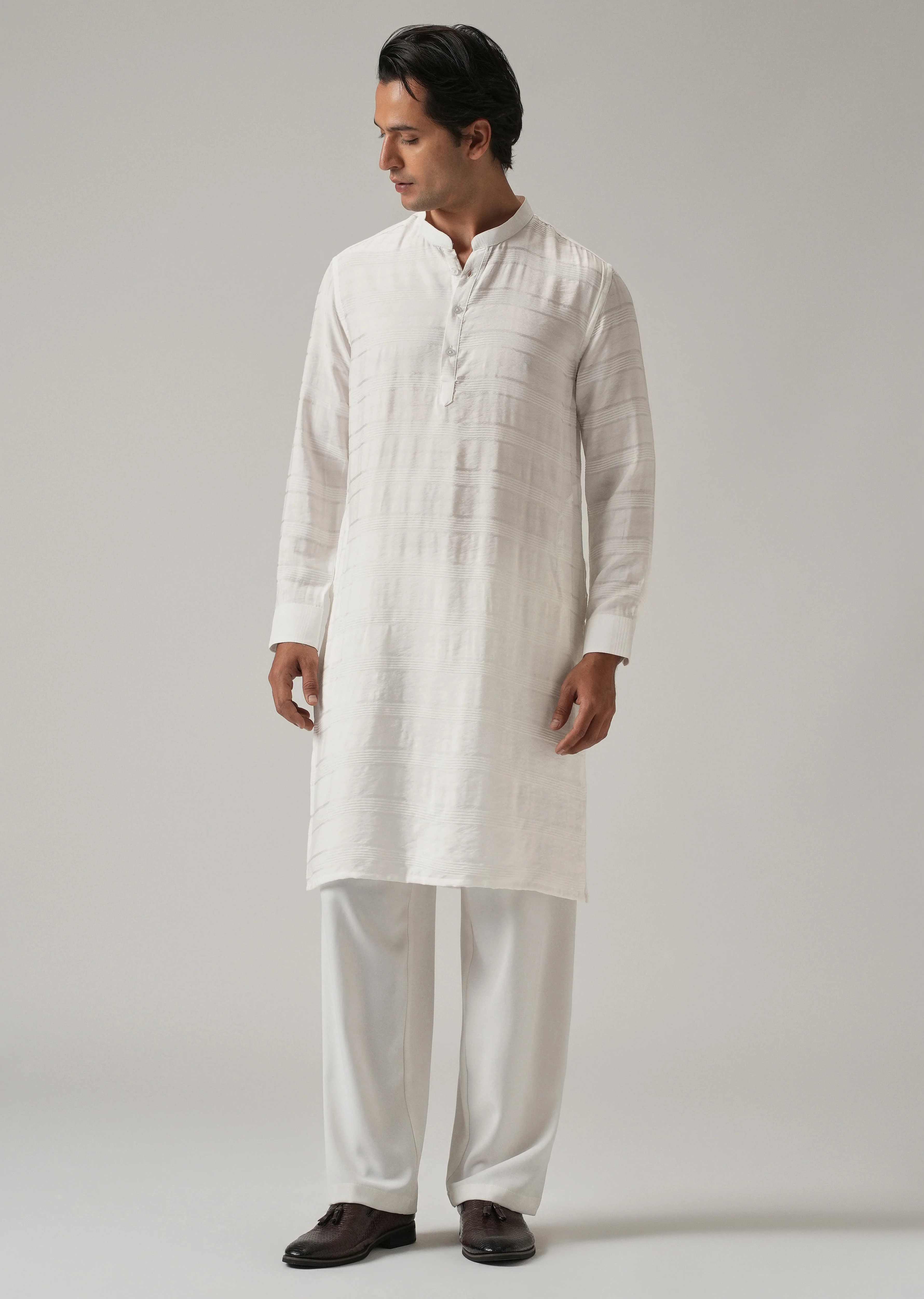 White Nylon Subtle Stripe Kurta - Image 3